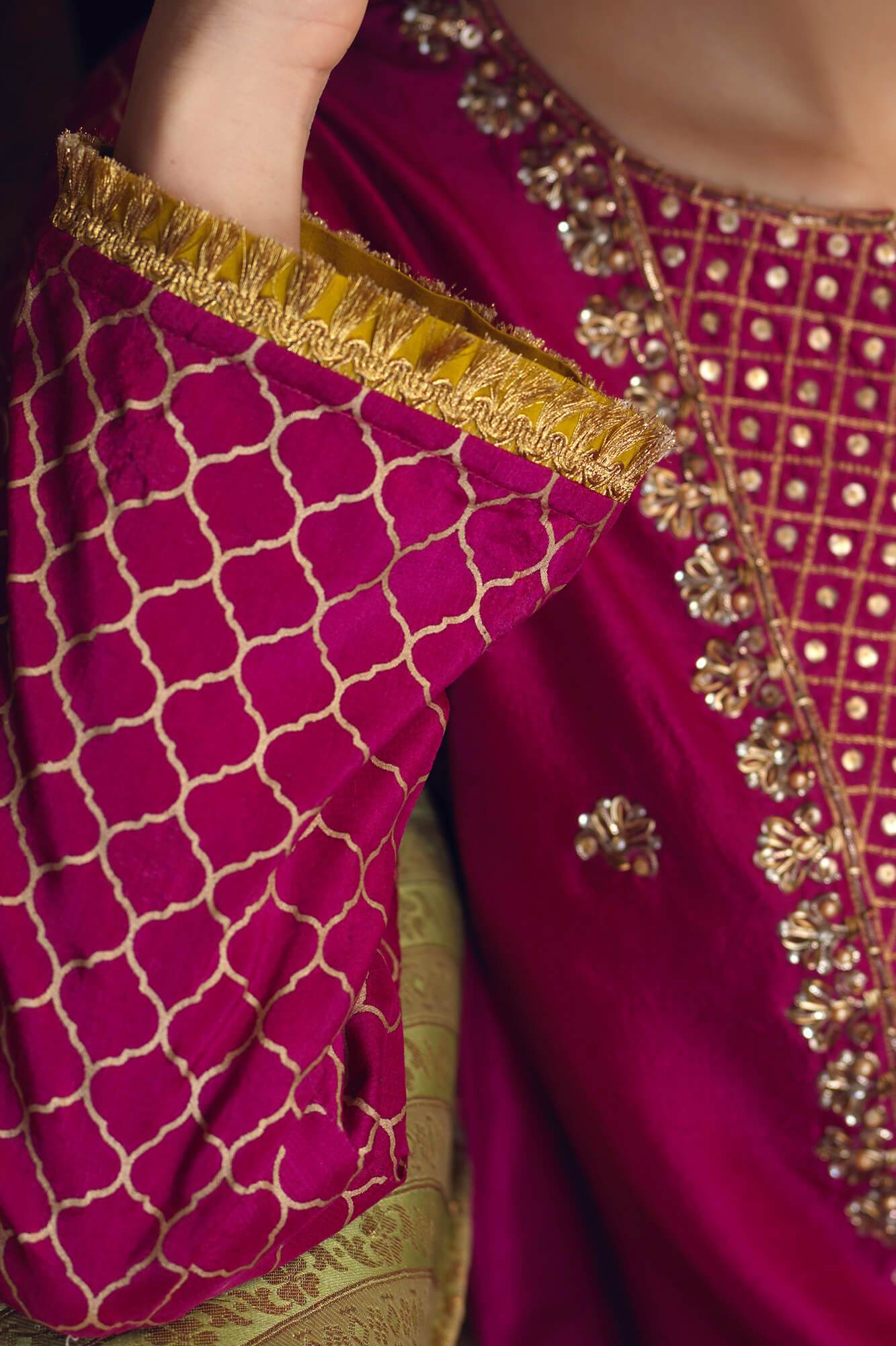 Pakistani Magenta Embroidered PK Raw Silk Salwar Kameez (3-Piece) - Image 1