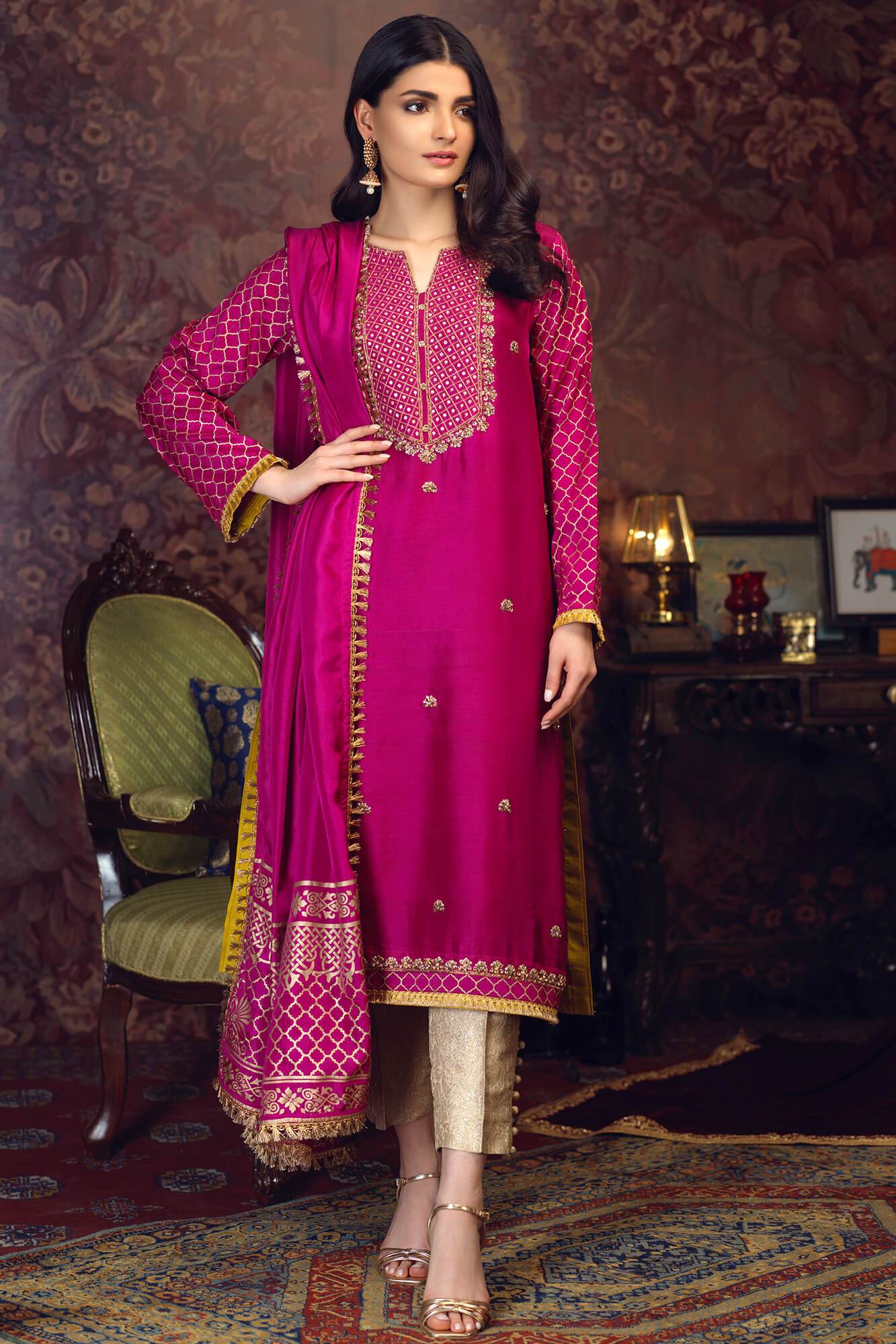 Pakistani Magenta Embroidered PK Raw Silk Salwar Kameez (3-Piece) - Image 2
