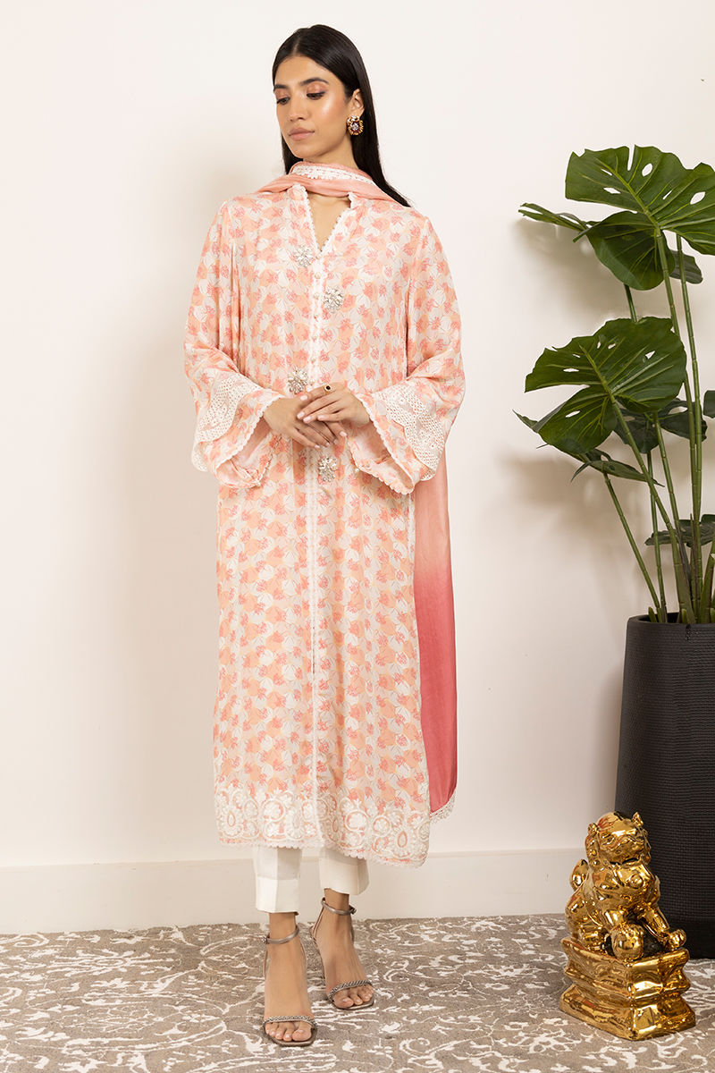 Peach Pink Embroidered Pure Crepe Salwar Kameez (3-Piece) - Image 1