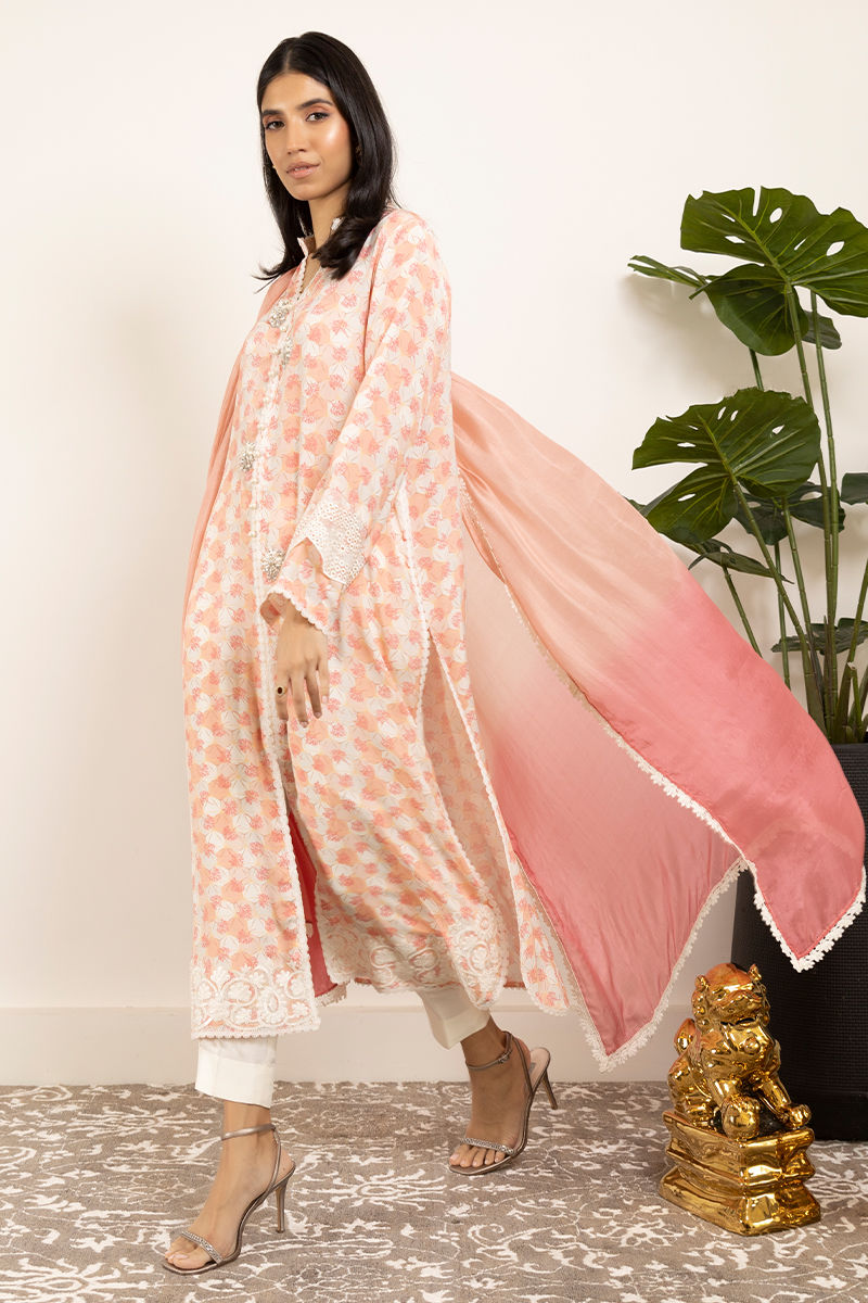 Peach Pink Embroidered Pure Crepe Salwar Kameez (3-Piece) - Image 2