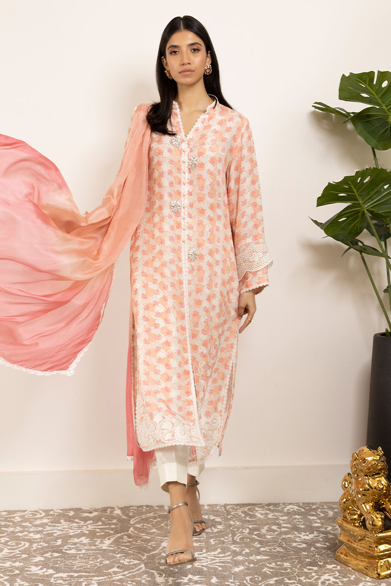 Peach Pink Embroidered Pure Crepe Salwar Kameez (3-Piece) - Image 5