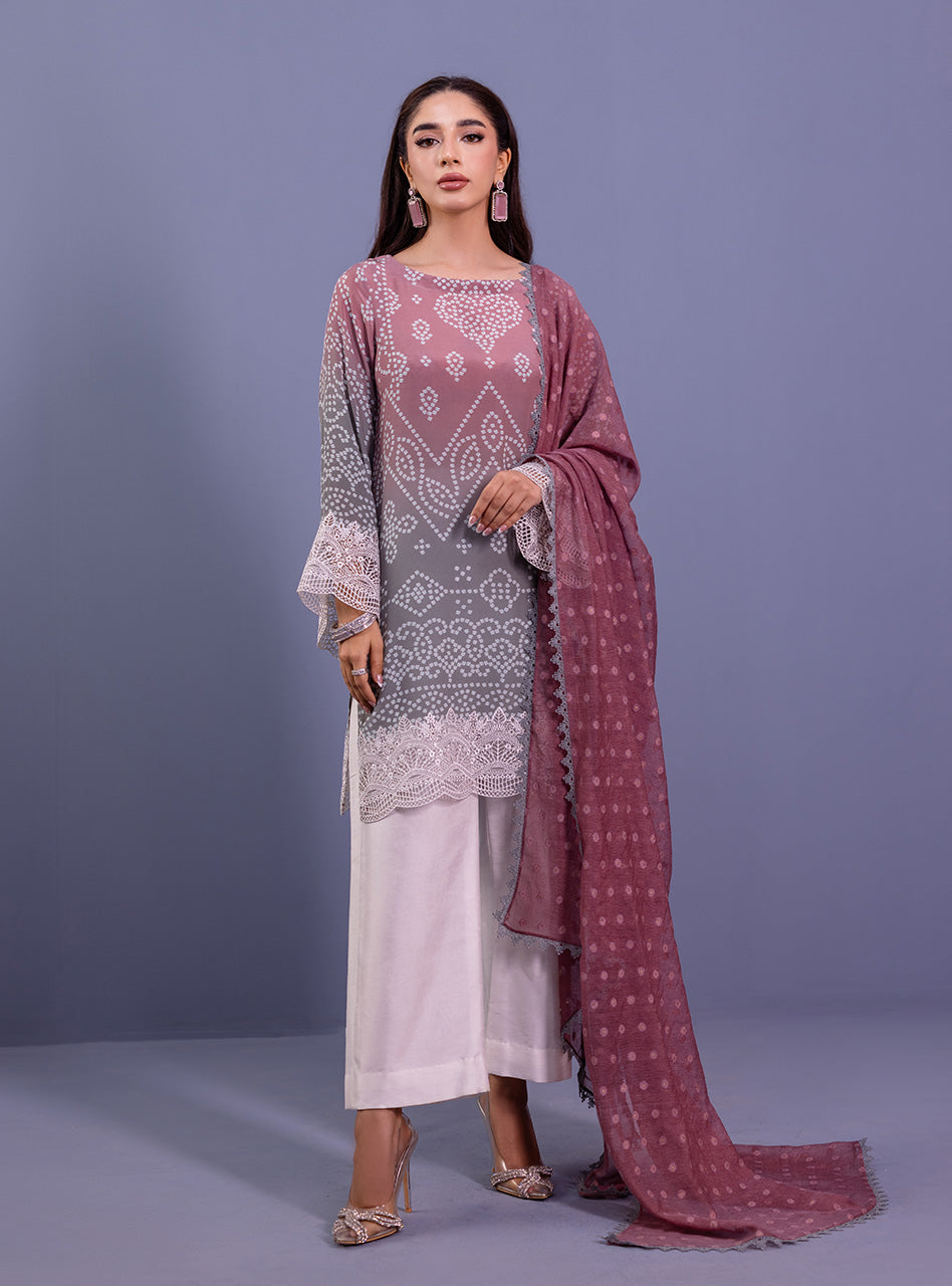 Pakistani Pink & Grey Embroidered Silk Organza Salwar Kameez (3-Piece) - Image 1