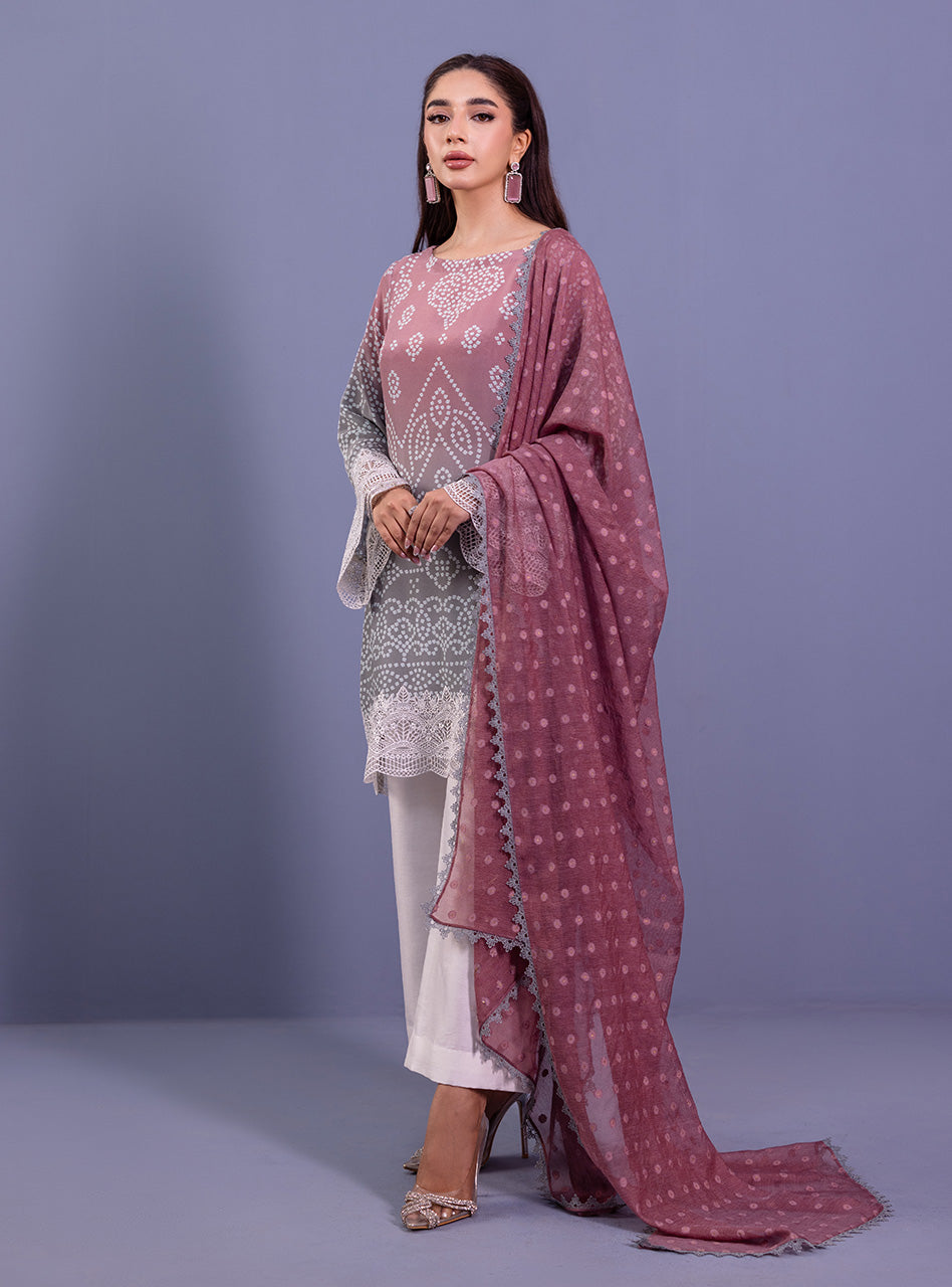 Pakistani Pink & Grey Embroidered Silk Organza Salwar Kameez (3-Piece) - Image 2