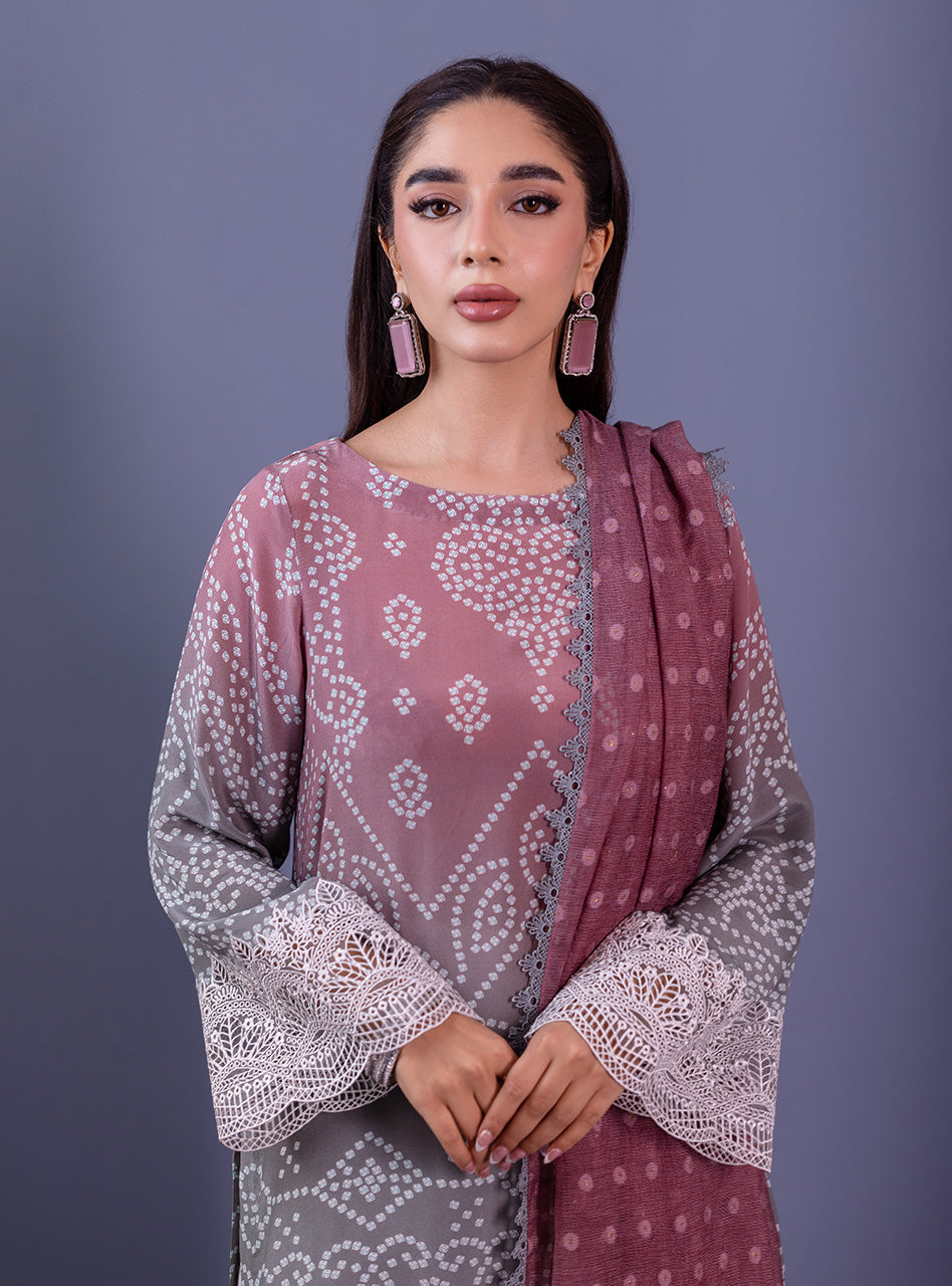 Pakistani Pink & Grey Embroidered Silk Organza Salwar Kameez (3-Piece) - Image 3