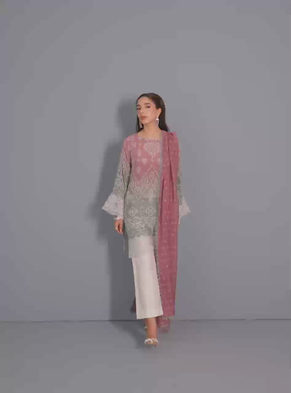 Pakistani Pink & Grey Embroidered Silk Organza Salwar Kameez (3-Piece) - Image 5