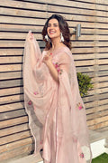 Pakistani Blush Pink Embroidered Pure Silk Salwar Kameez (3-Piece) - Image 4