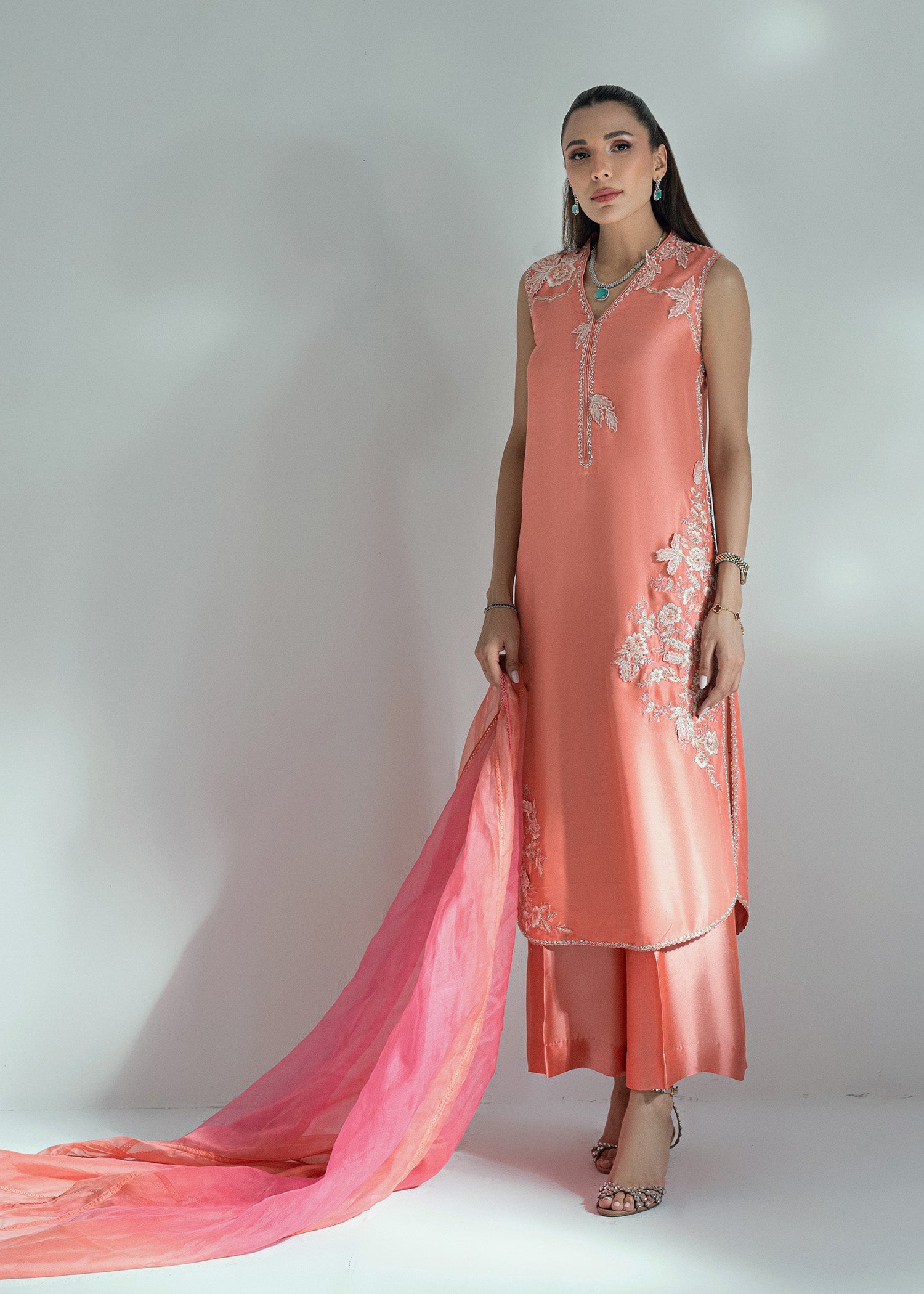 Coral 3D Leaf Embroidered Silk Salwar Kameez (3-Piece) - Image 1