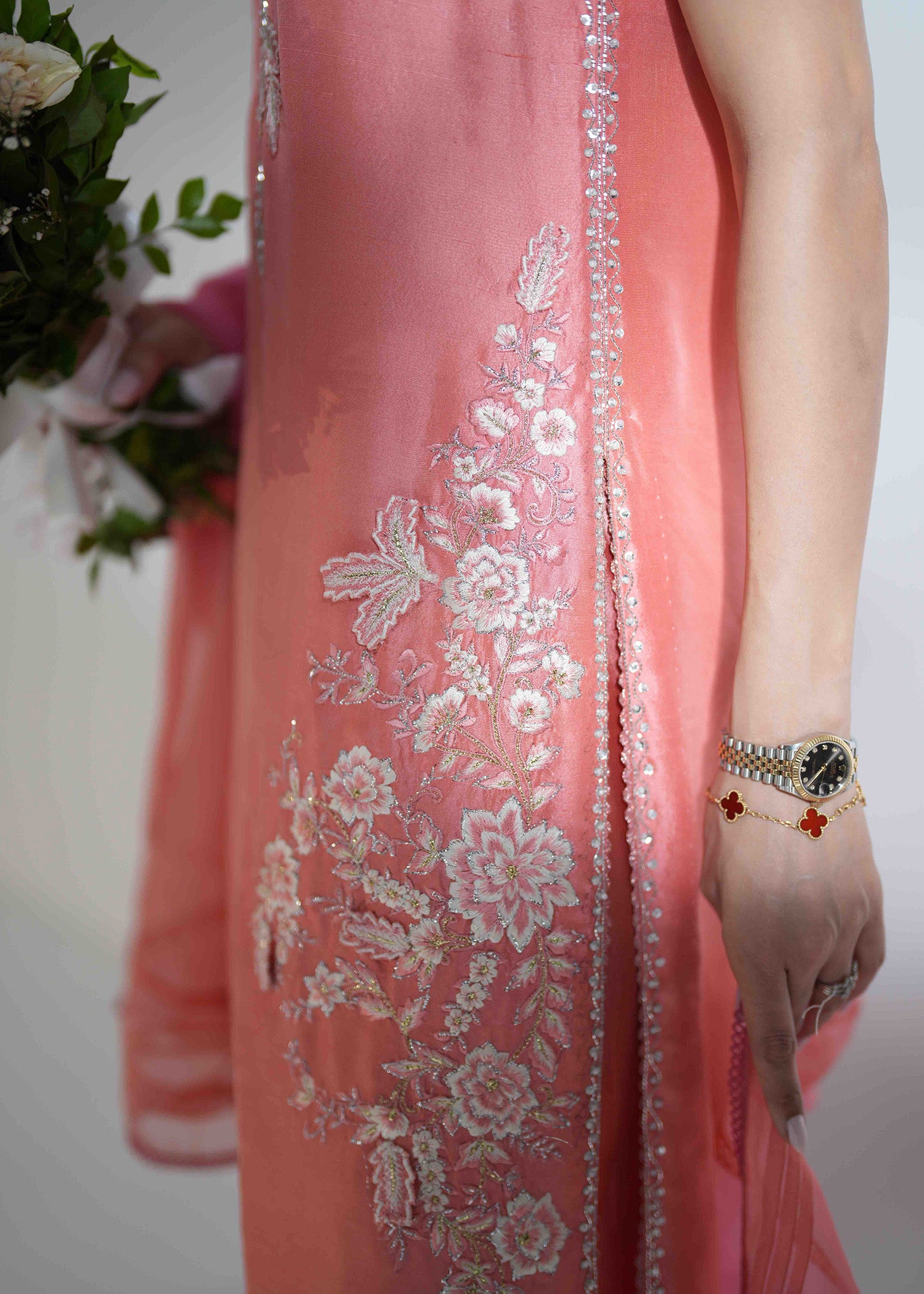 Coral 3D Leaf Embroidered Silk Salwar Kameez (3-Piece) - Image 10