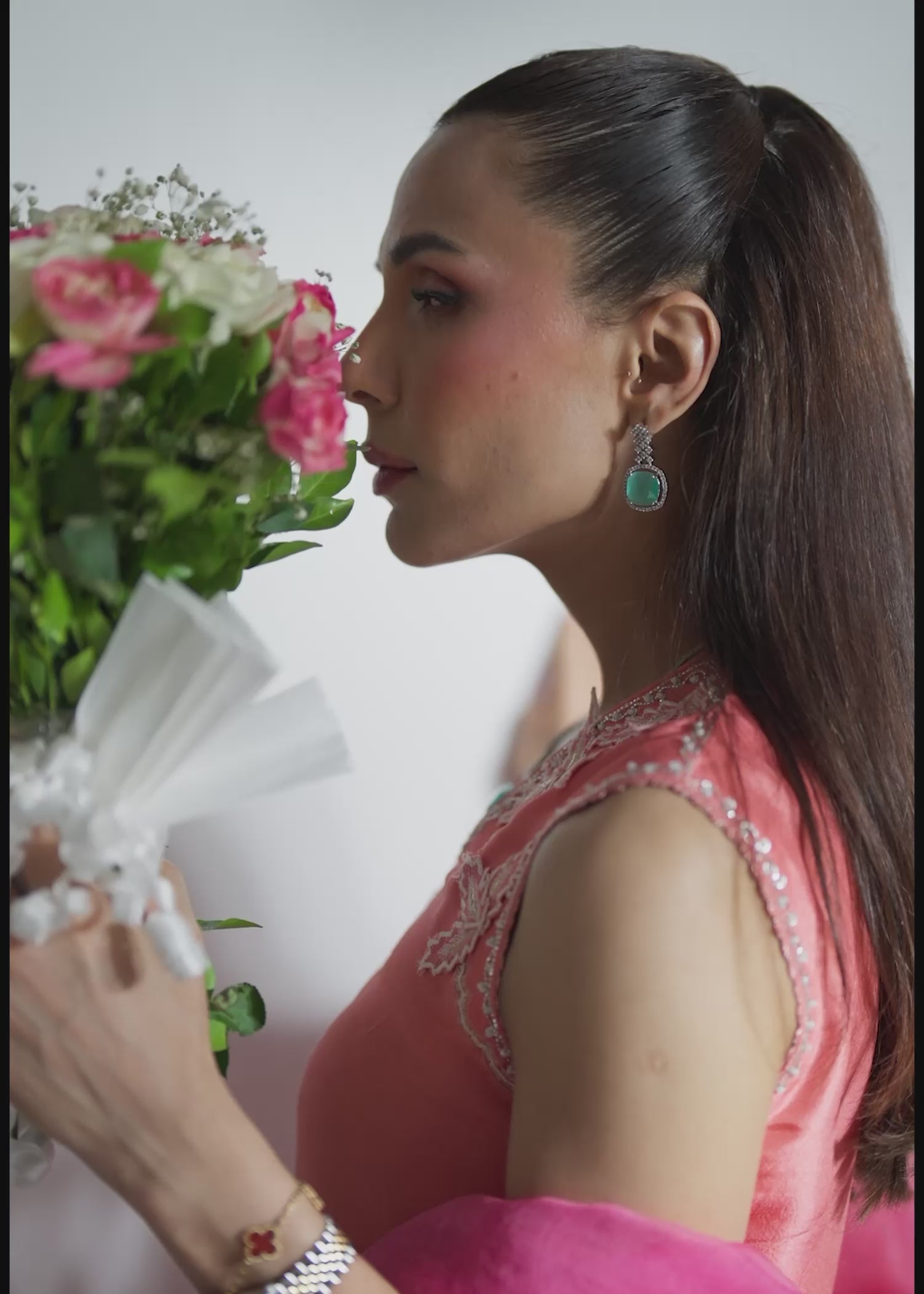 Coral 3D Leaf Embroidered Silk Salwar Kameez (3-Piece) - Image 11