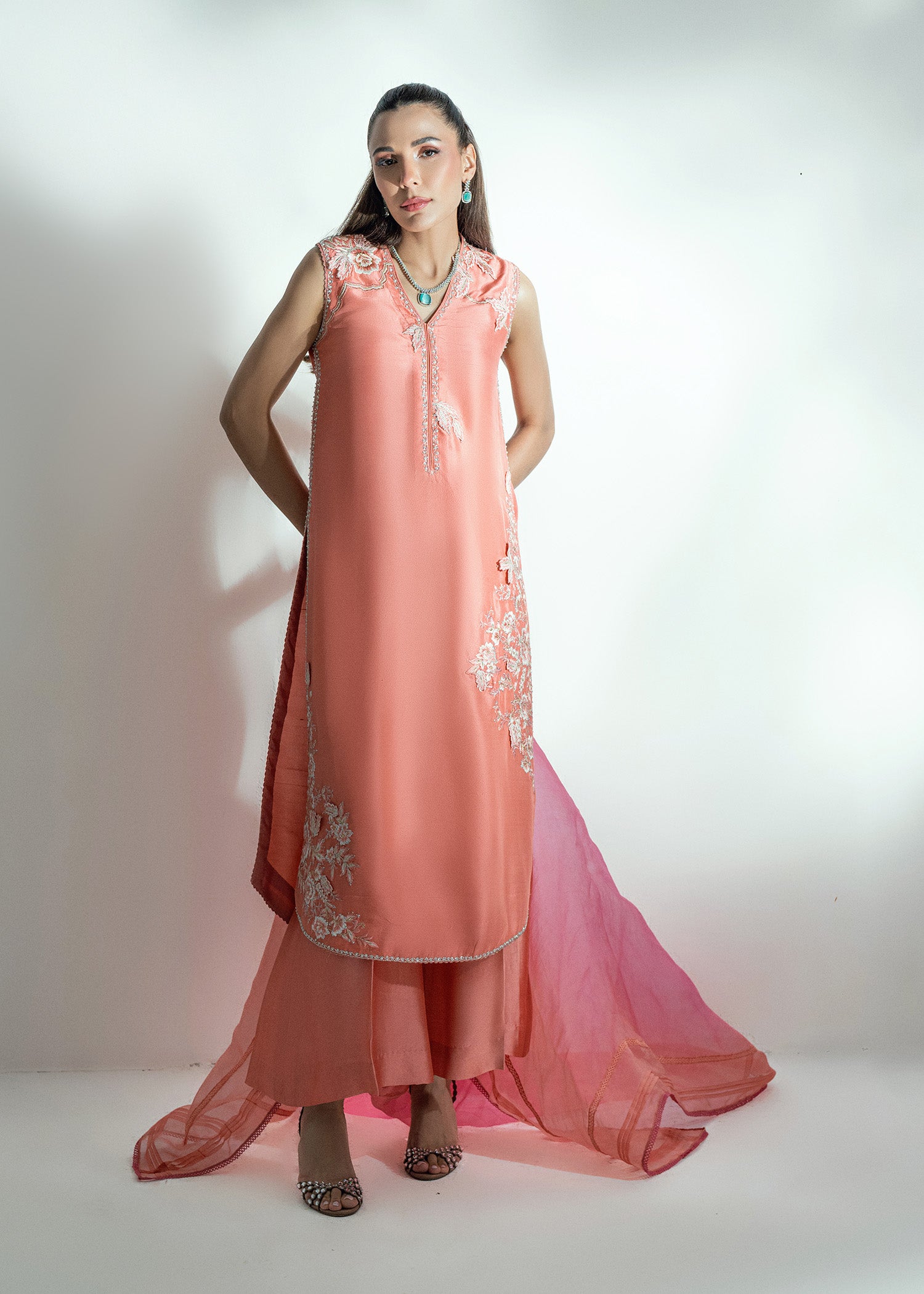 Coral 3D Leaf Embroidered Silk Salwar Kameez (3-Piece) - Image 2