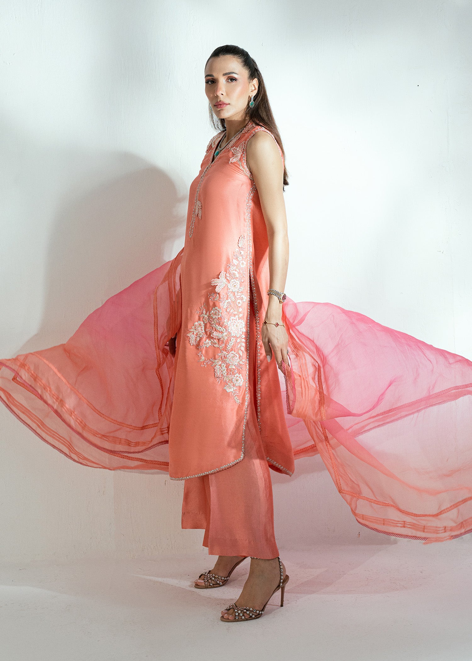 Coral 3D Leaf Embroidered Silk Salwar Kameez (3-Piece) - Image 3
