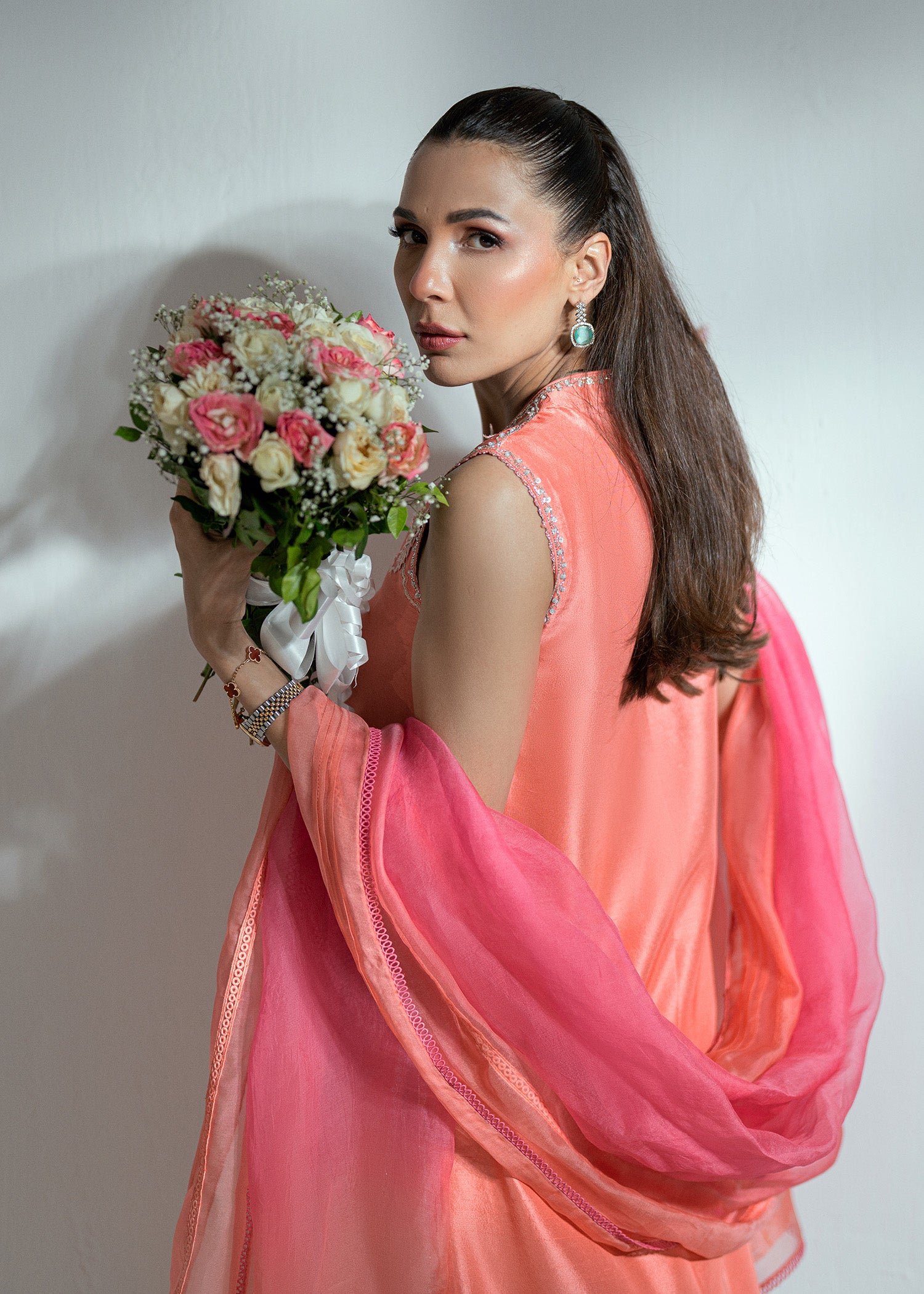 Coral 3D Leaf Embroidered Silk Salwar Kameez (3-Piece) - Image 5