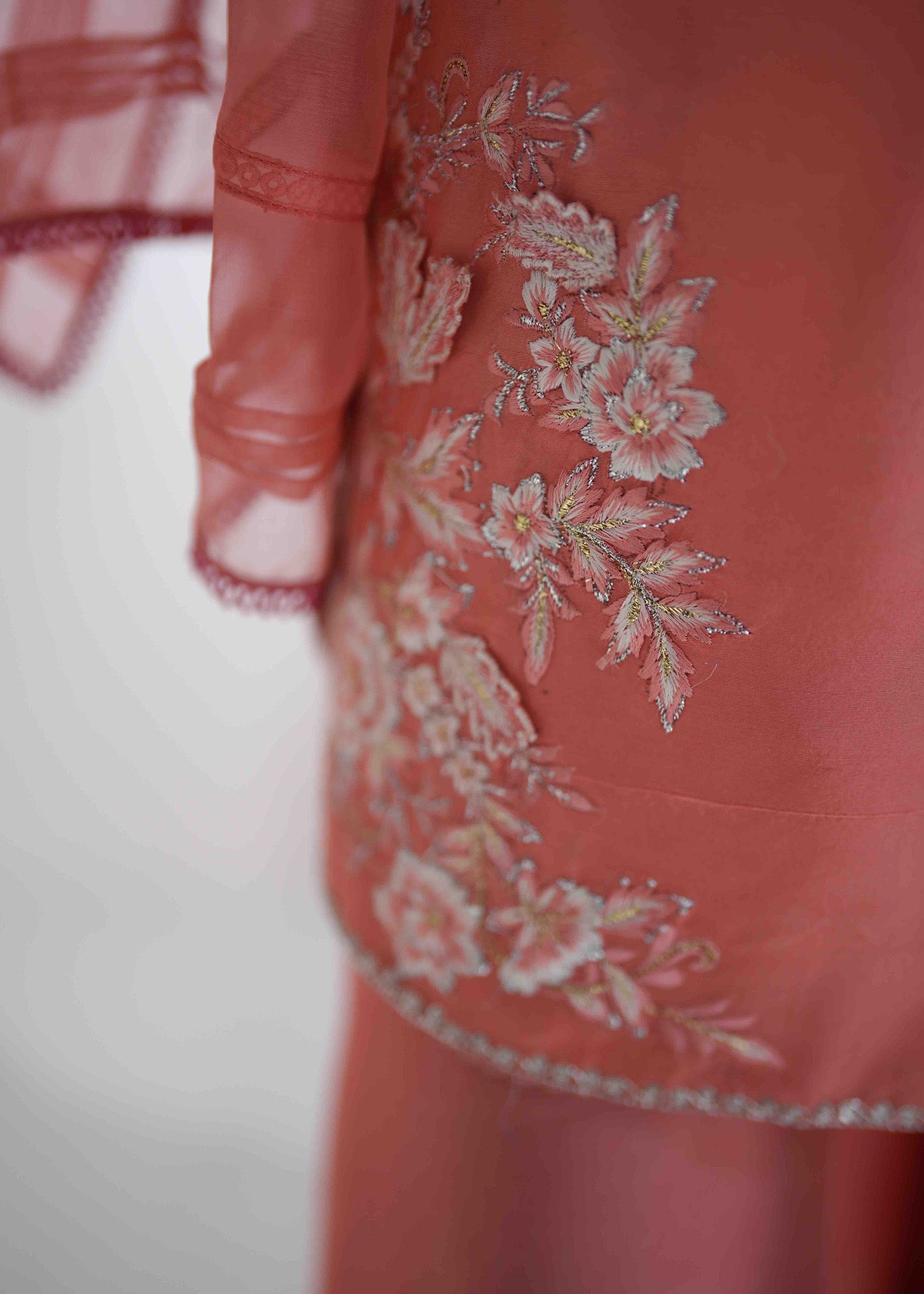 Coral 3D Leaf Embroidered Silk Salwar Kameez (3-Piece) - Image 8