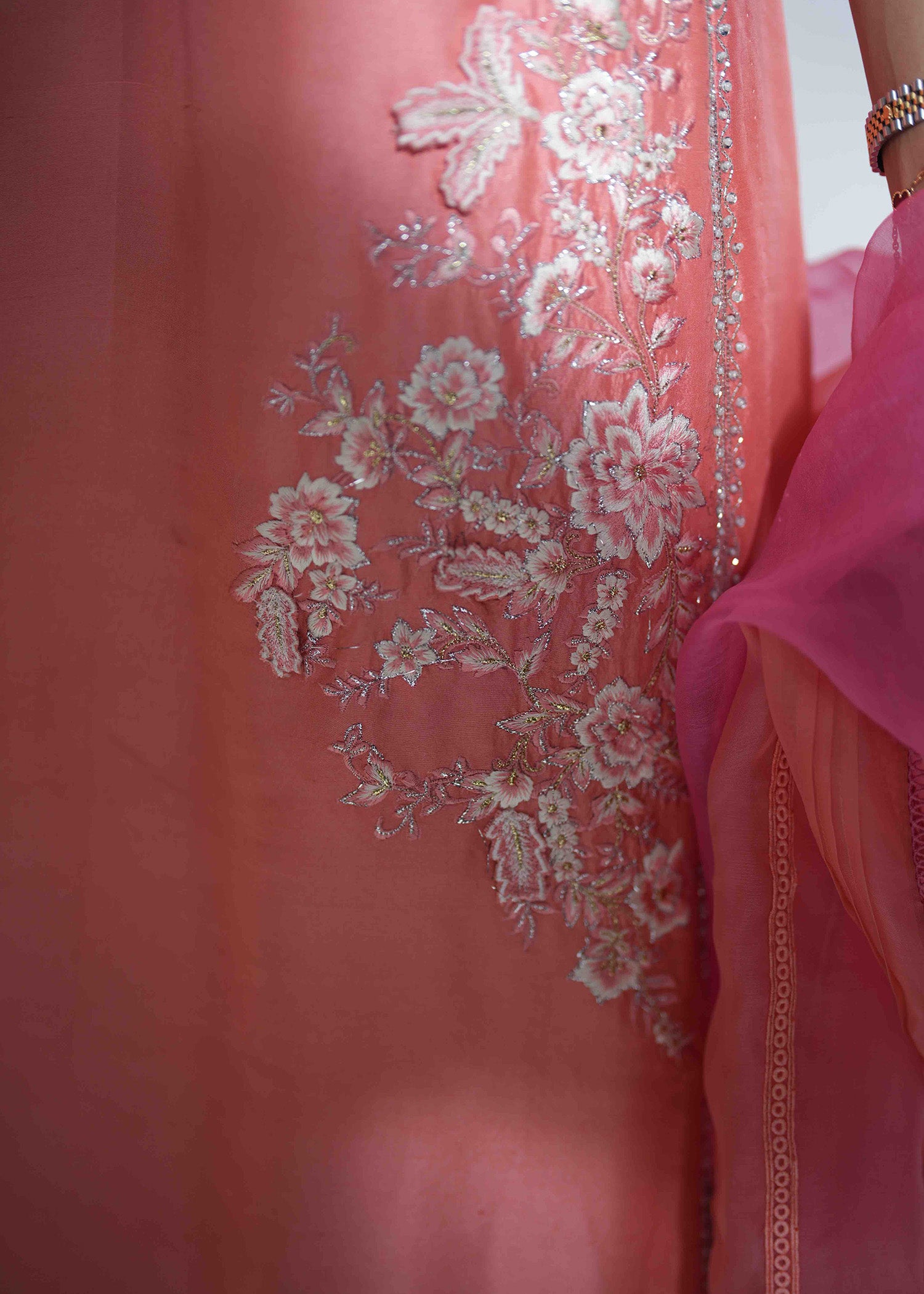 Coral 3D Leaf Embroidered Silk Salwar Kameez (3-Piece) - Image 9