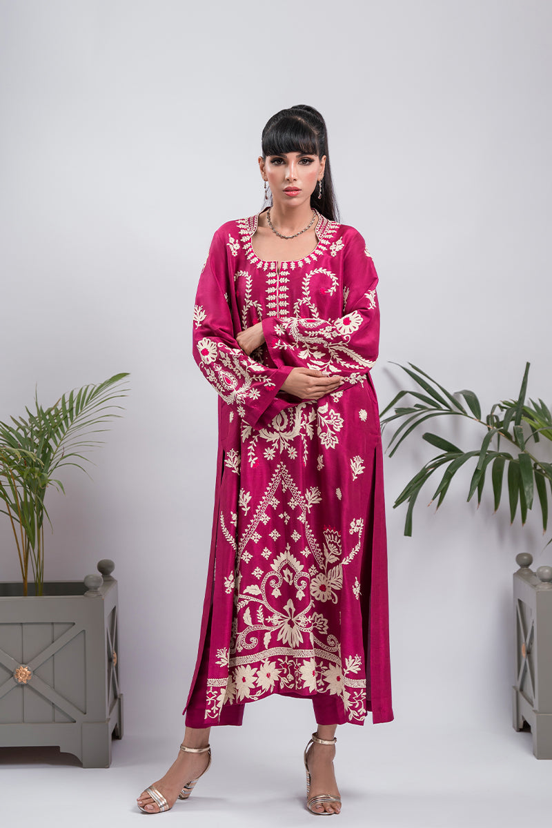 Pakistani Raspberry Aari Embroidered Raw Silk Salwar Kameez (2-Piece) - Image 1