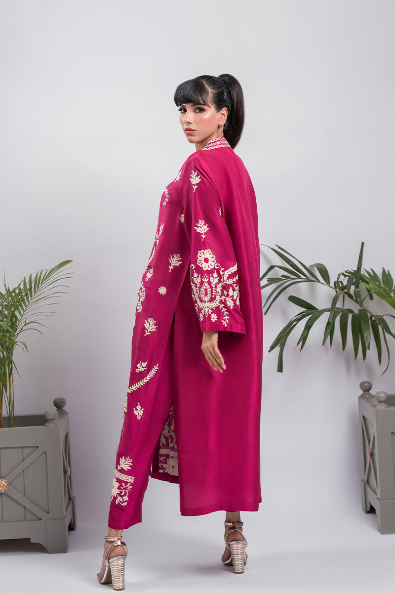 Pakistani Raspberry Aari Embroidered Raw Silk Salwar Kameez (2-Piece) - Image 2