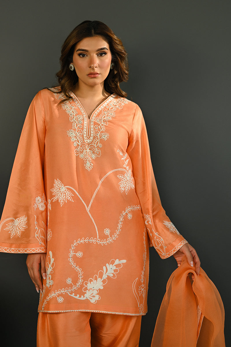 Pakistani Peach Aari Embroidered Pure Silk Salwar Kameez (3-Piece) - Image 5