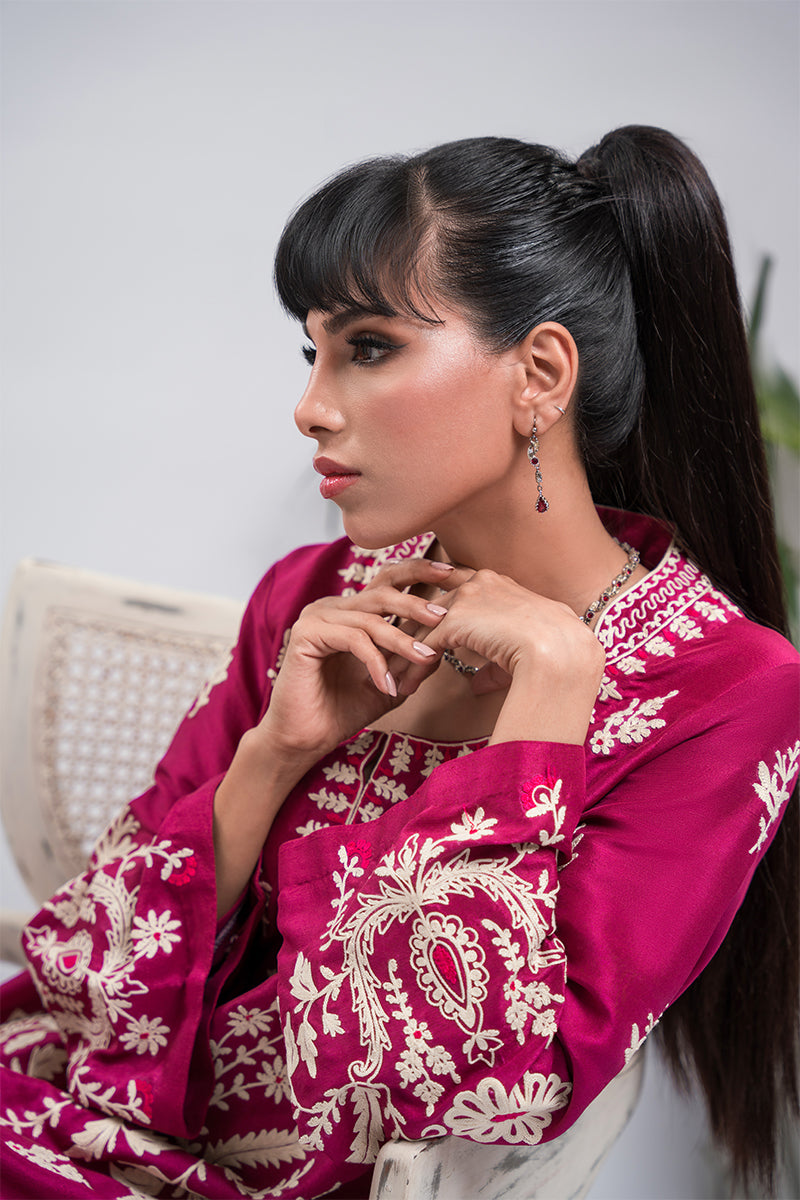 Pakistani Raspberry Aari Embroidered Raw Silk Salwar Kameez (2-Piece) - Image 7