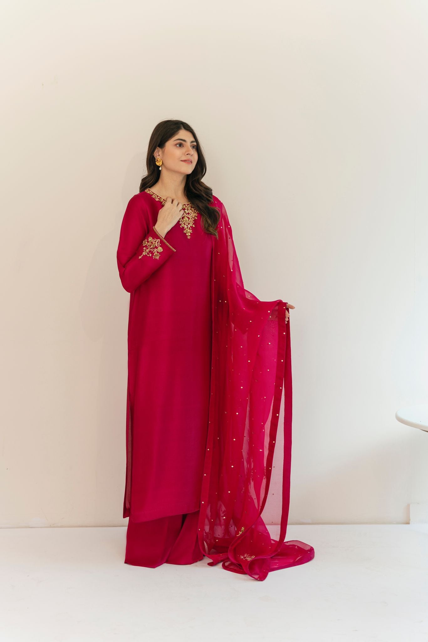 Fuchsia Gold Ada Embroidered Silk Salwar Kameez (3-Piece) - Image 1