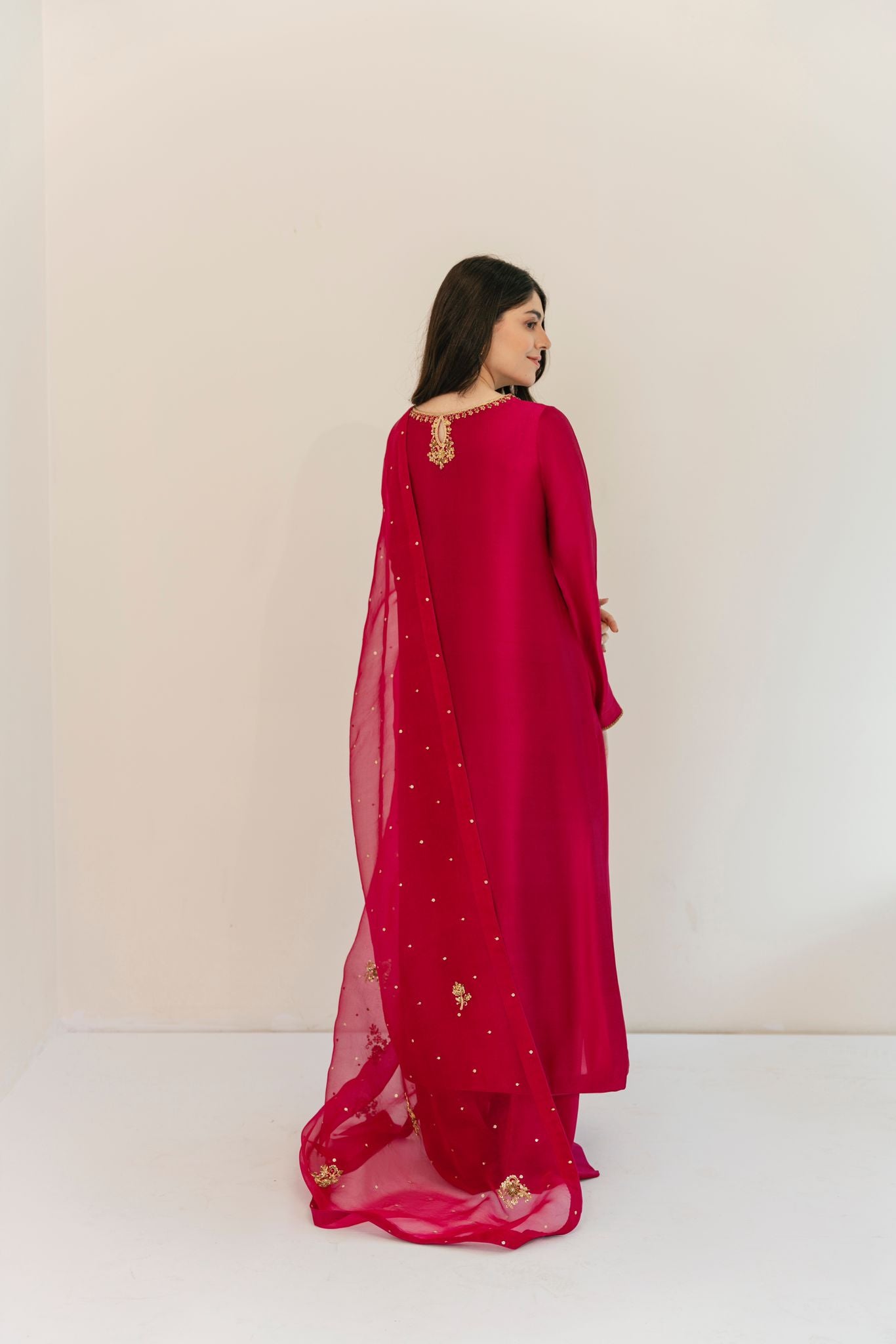 Fuchsia Gold Ada Embroidered Silk Salwar Kameez (3-Piece) - Image 2
