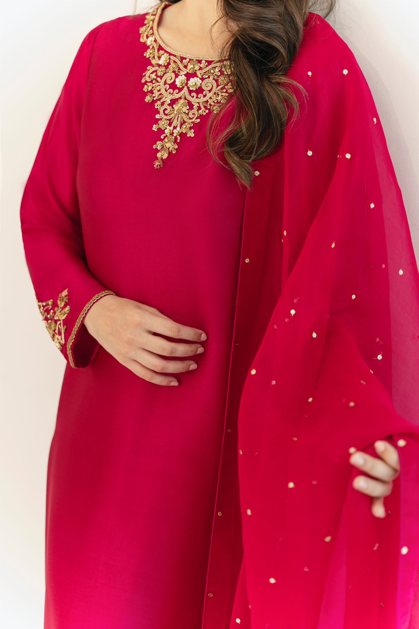 Fuchsia Gold Ada Embroidered Silk Salwar Kameez (3-Piece) - Image 5