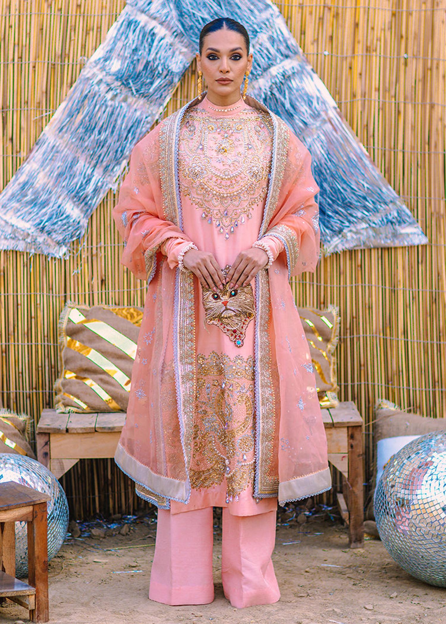 Pakistani Coral Pink Embellished Raw Silk Salwar Kameez (3-Piece) - Image 1