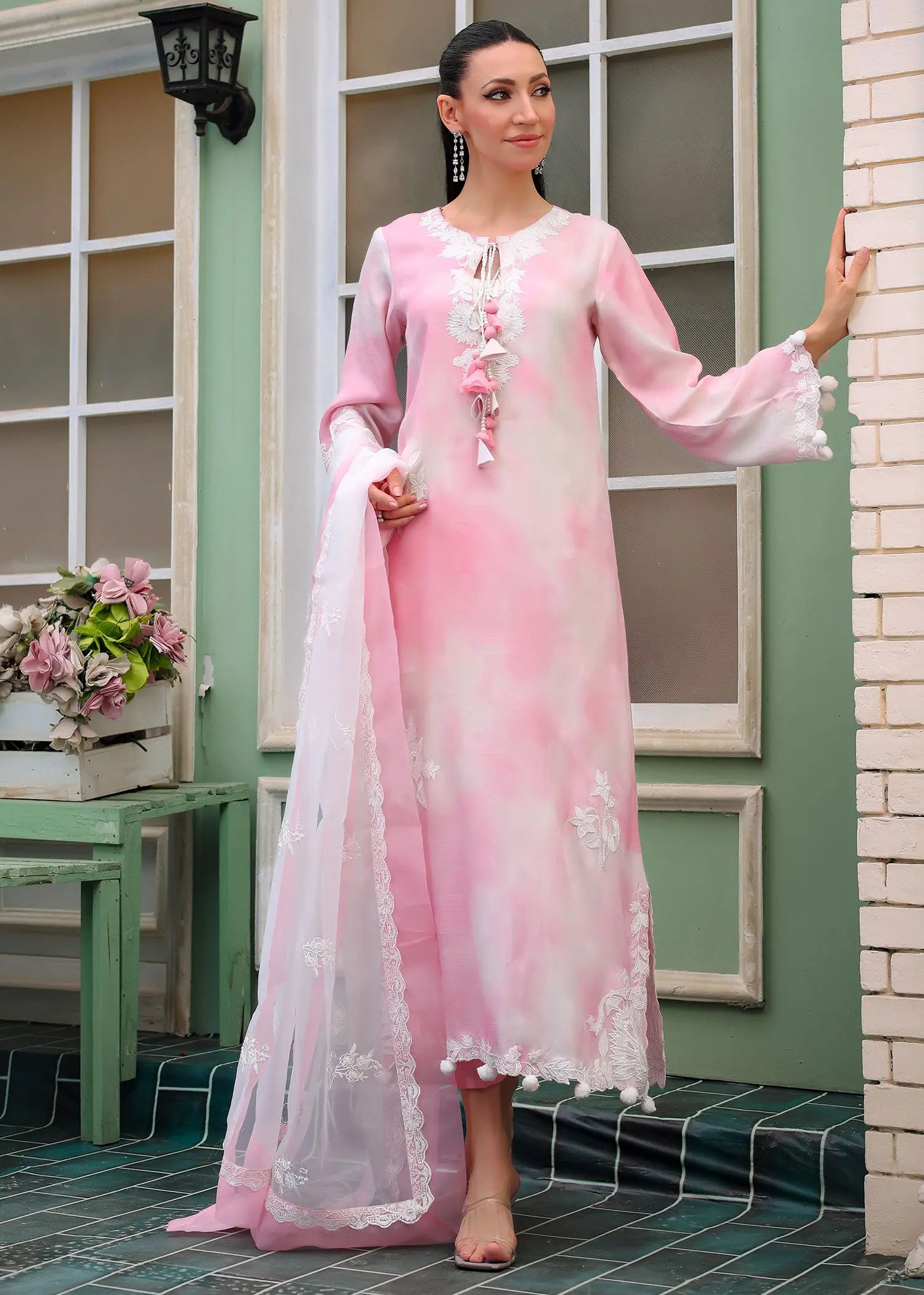 Pakistani Pink & White Appliqué Embroidered Raw Silk Salwar Kameez (3-Piece) - Image 1