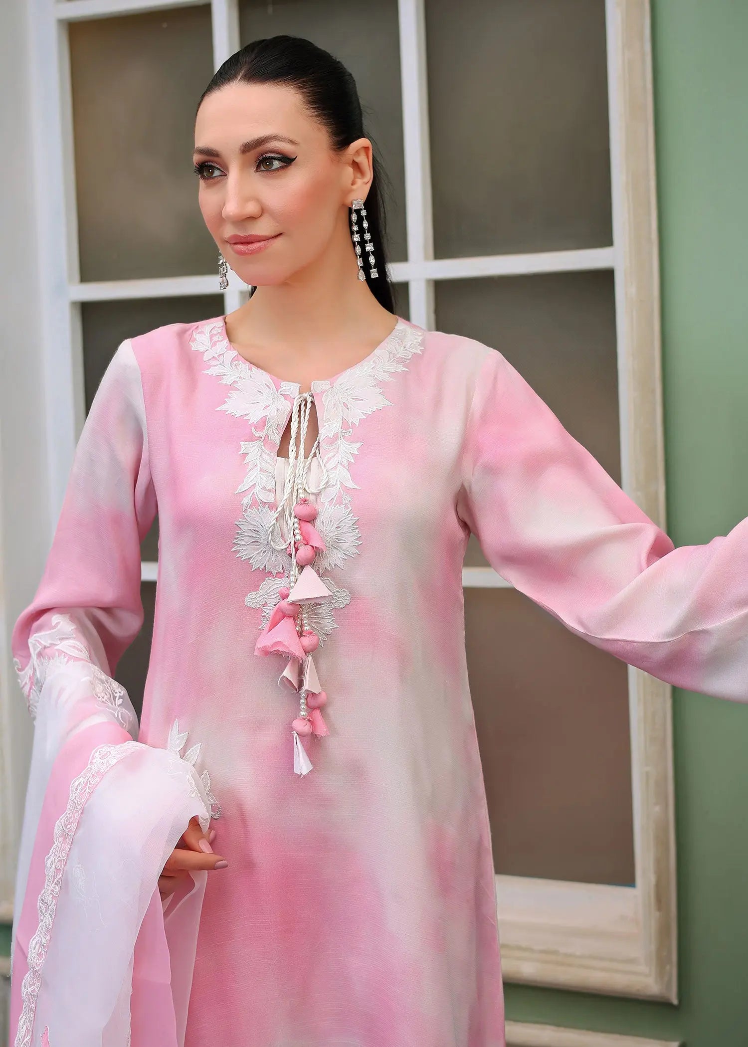 Pakistani Pink & White Appliqué Embroidered Raw Silk Salwar Kameez (3-Piece) - Image 2