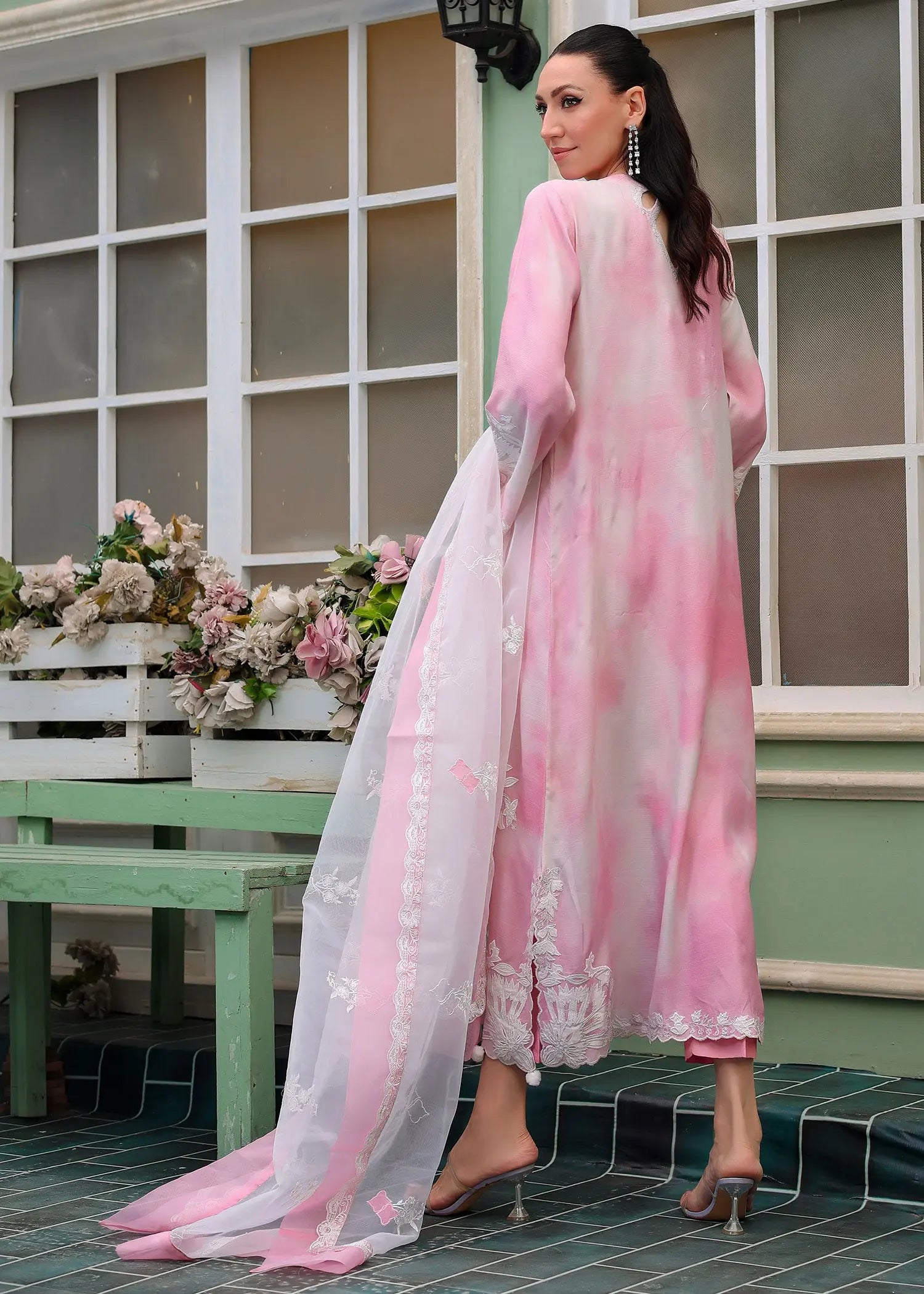 Pakistani Pink & White Appliqué Embroidered Raw Silk Salwar Kameez (3-Piece) - Image 4