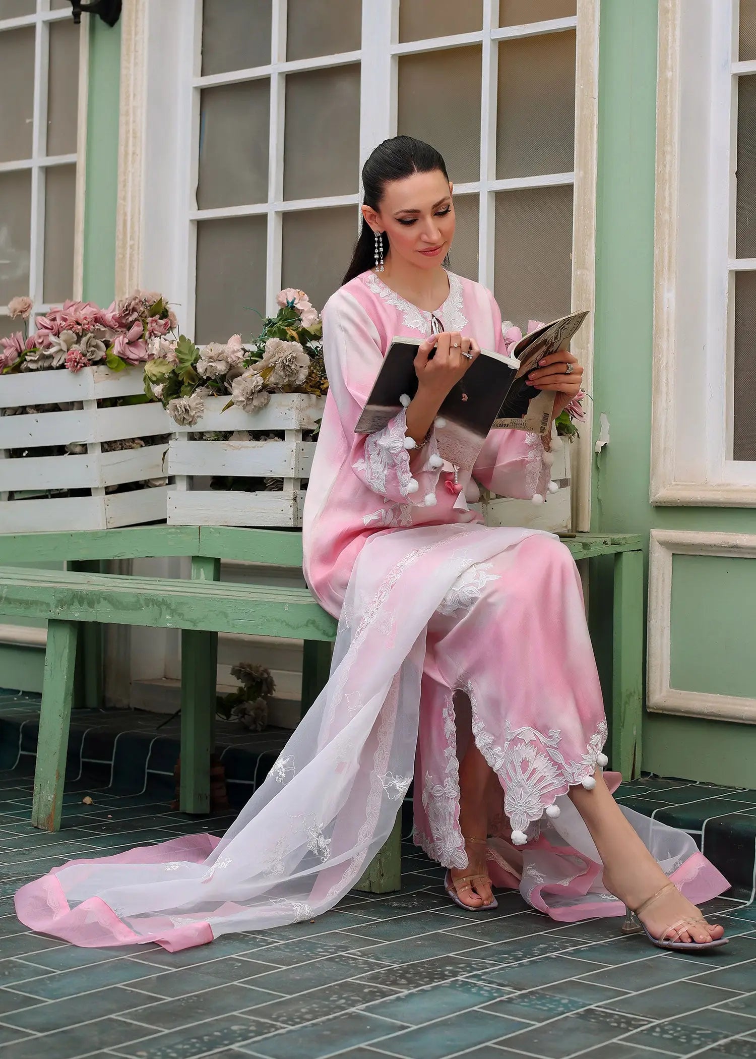 Pakistani Pink & White Appliqué Embroidered Raw Silk Salwar Kameez (3-Piece) - Image 6