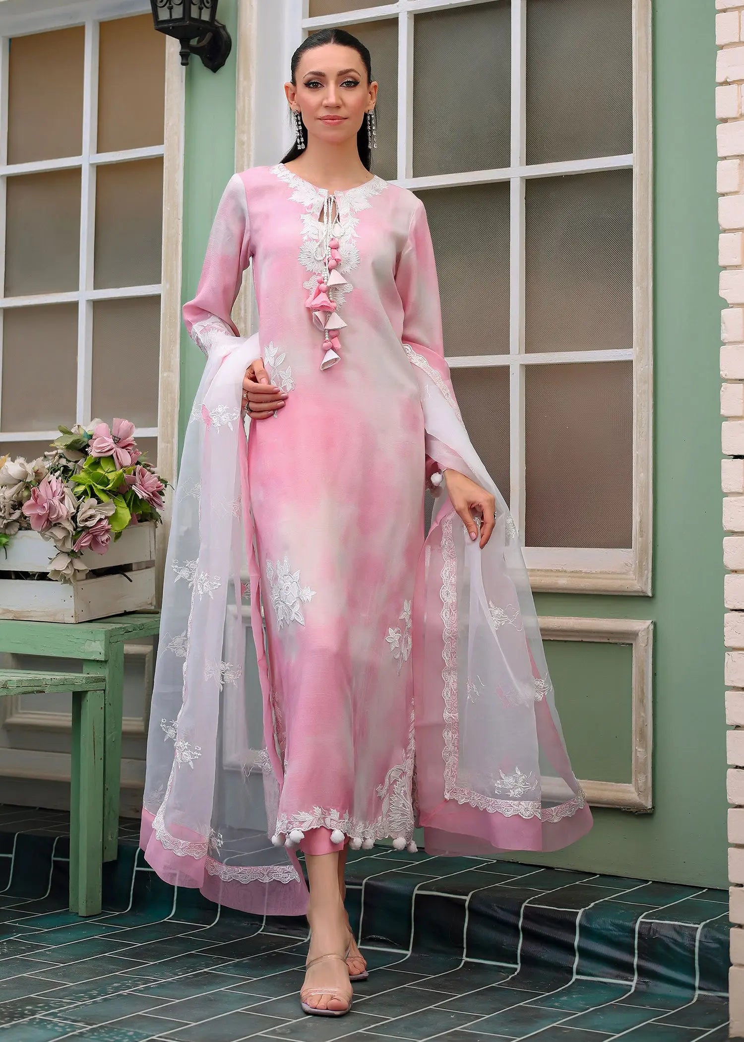 Pakistani Pink & White Appliqué Embroidered Raw Silk Salwar Kameez (3-Piece) - Image 7