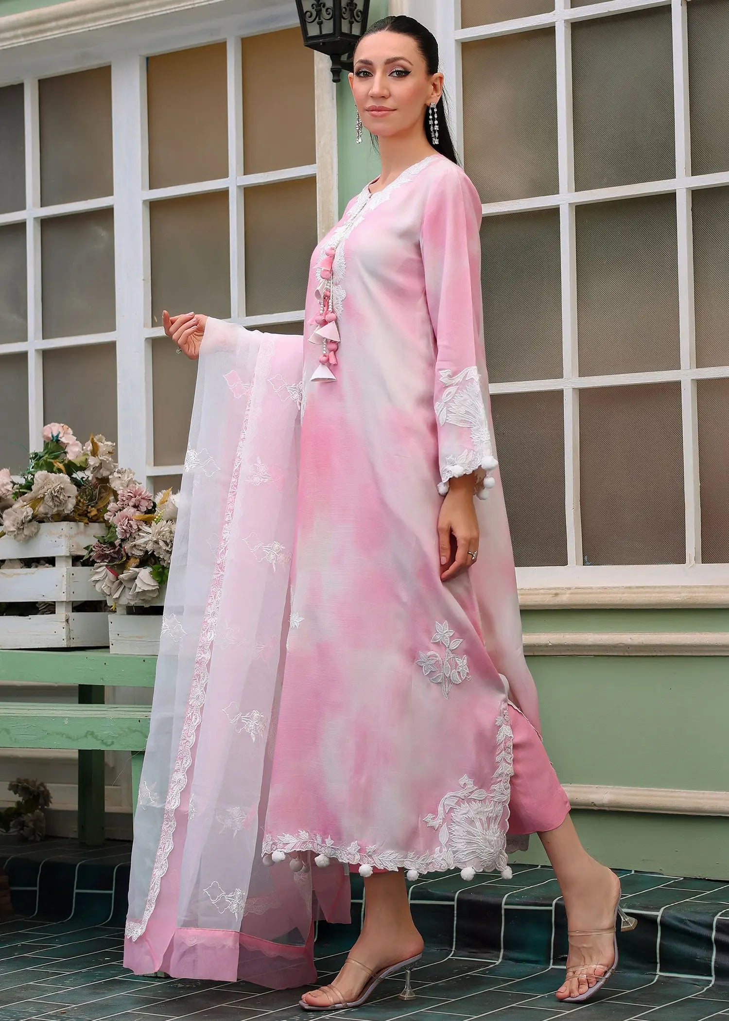Pakistani Pink & White Appliqué Embroidered Raw Silk Salwar Kameez (3-Piece) - Image 8