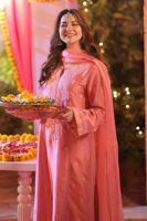 Pakistani Watermelon Pink Ari Embroidered Raw Silk Kurta (3-Piece) - Image 3