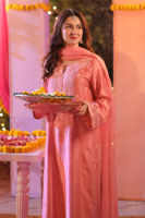 Pakistani Watermelon Pink Ari Embroidered Raw Silk Kurta (3-Piece) - Image 4