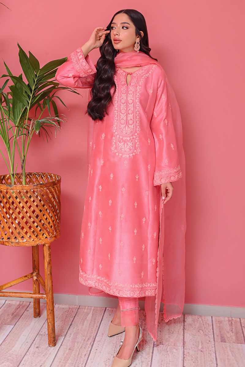 Pakistani Watermelon Pink Ari Embroidered Raw Silk Salwar Kameez (3-Piece) - Image 1