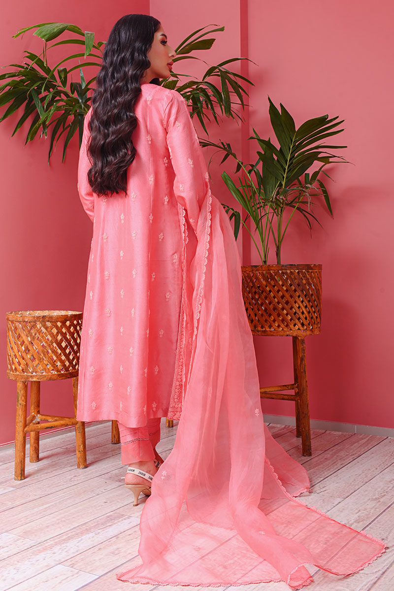 Pakistani Watermelon Pink Ari Embroidered Raw Silk Salwar Kameez (3-Piece) - Image 3