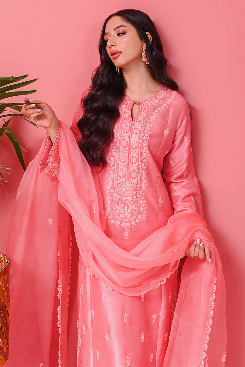 Pakistani Watermelon Pink Ari Embroidered Raw Silk Salwar Kameez (3-Piece) - Image 4