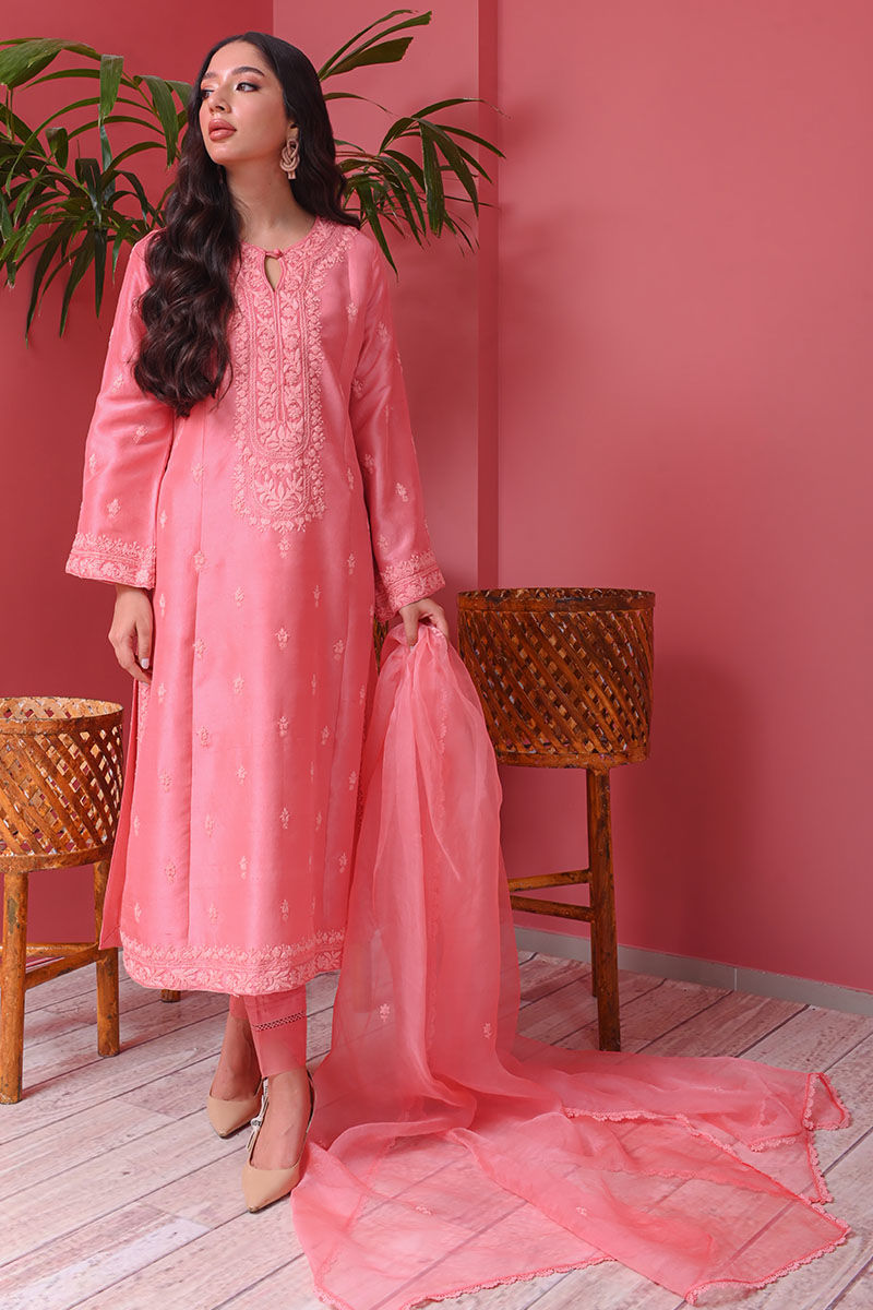 Pakistani Watermelon Pink Ari Embroidered Raw Silk Salwar Kameez (3-Piece) - Image 6