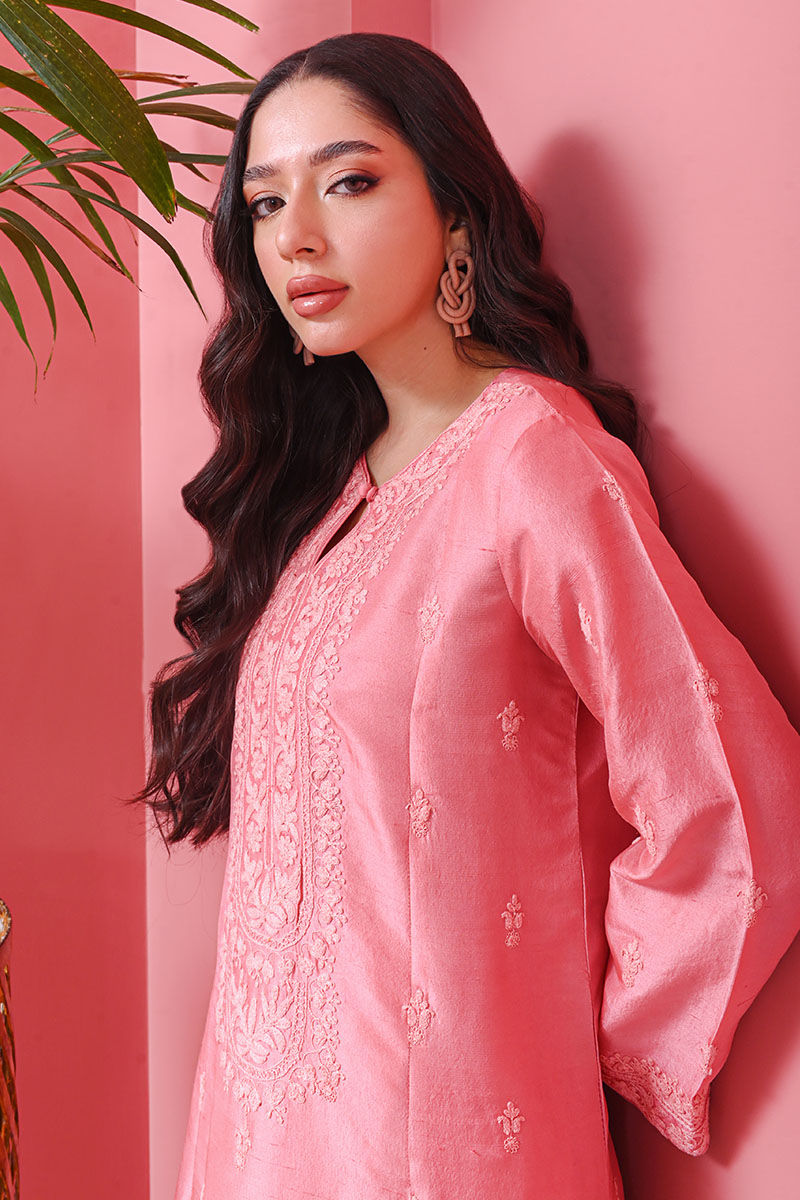 Pakistani Watermelon Pink Ari Embroidered Raw Silk Salwar Kameez (3-Piece) - Image 8