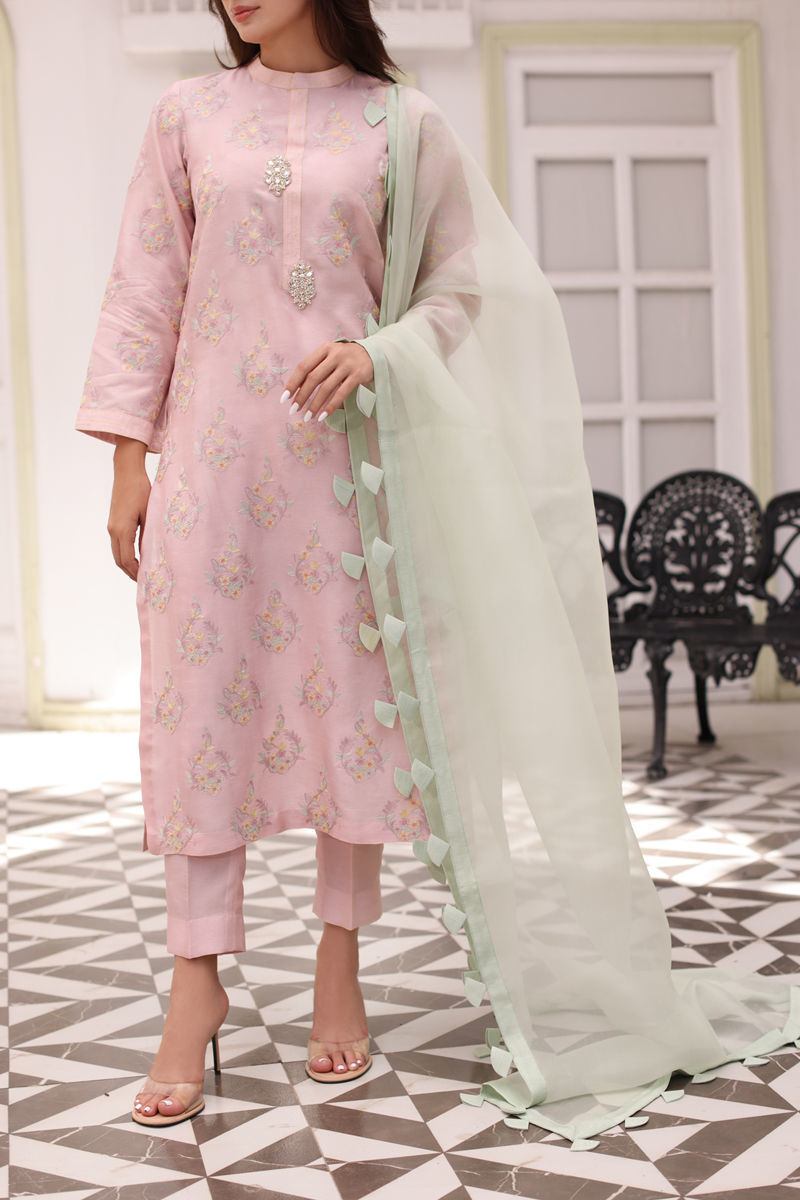Pink Ari Embroidered Raw Silk Salwar Kameez (3-Piece) - Image 1