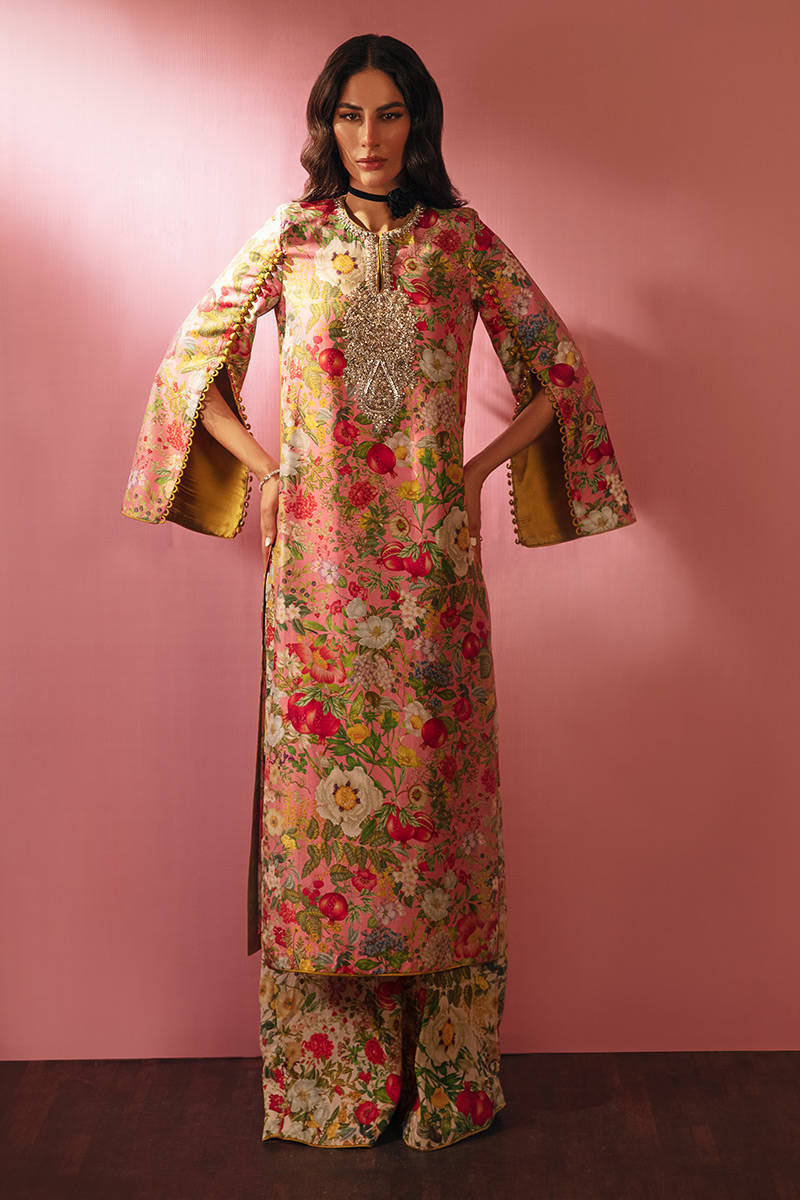 Pakistani Rose Pink Embellished Raw Silk Salwar Kameez (3-Piece) - Image 1