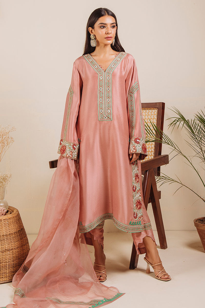 Chai Pink Embroidered Pure Raw Silk Salwar Kameez (3-Piece) - Image 1