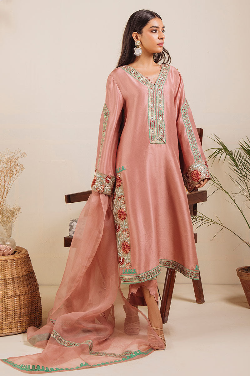 Chai Pink Embroidered Pure Raw Silk Salwar Kameez (3-Piece) - Image 2