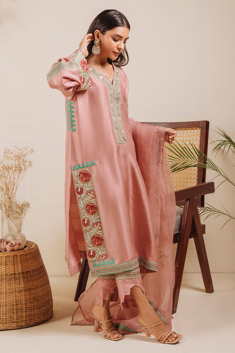 Chai Pink Embroidered Pure Raw Silk Salwar Kameez (3-Piece) - Image 3