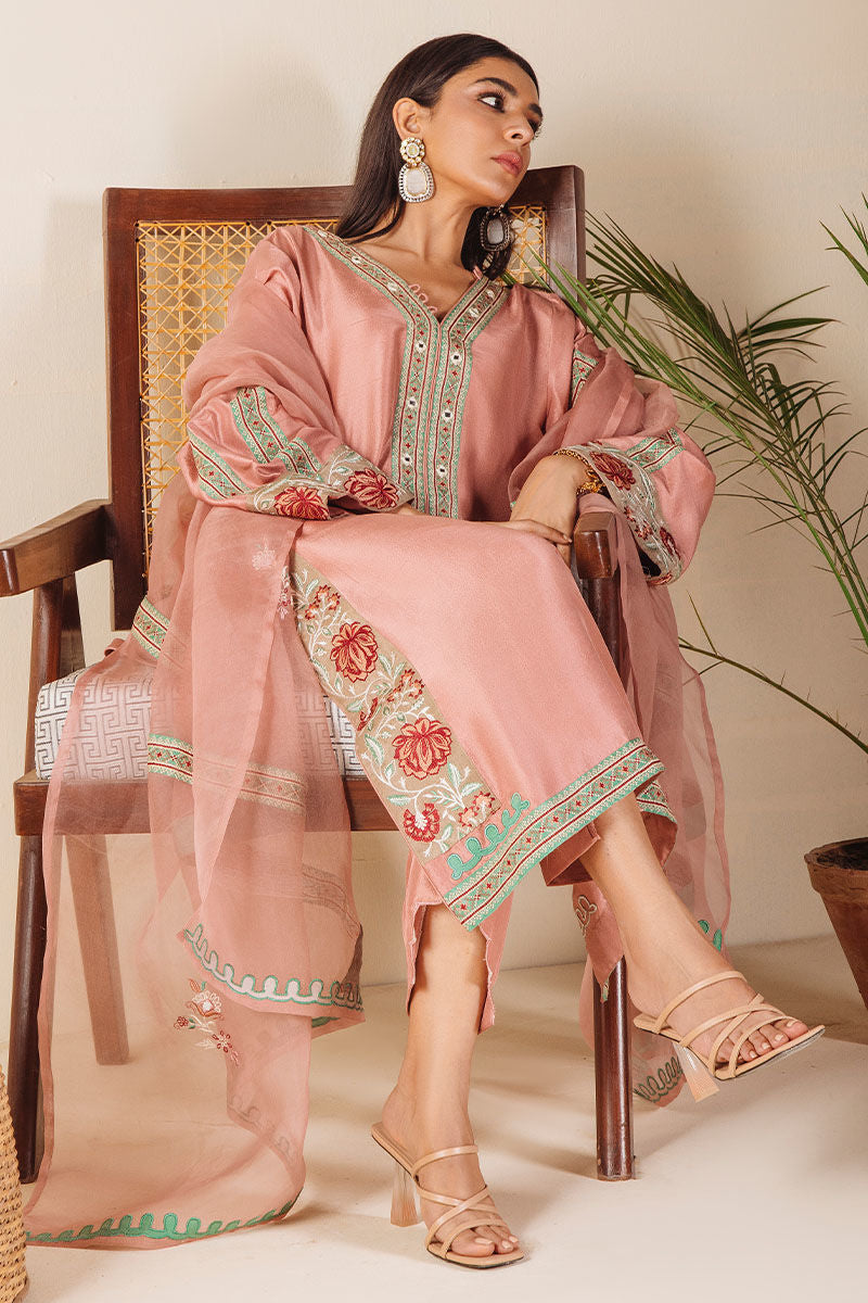 Chai Pink Embroidered Pure Raw Silk Salwar Kameez (3-Piece) - Image 4