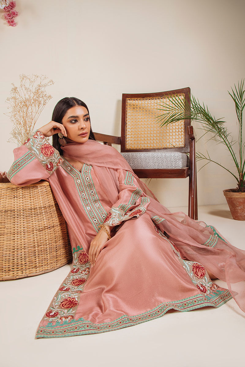 Chai Pink Embroidered Pure Raw Silk Salwar Kameez (3-Piece) - Image 5