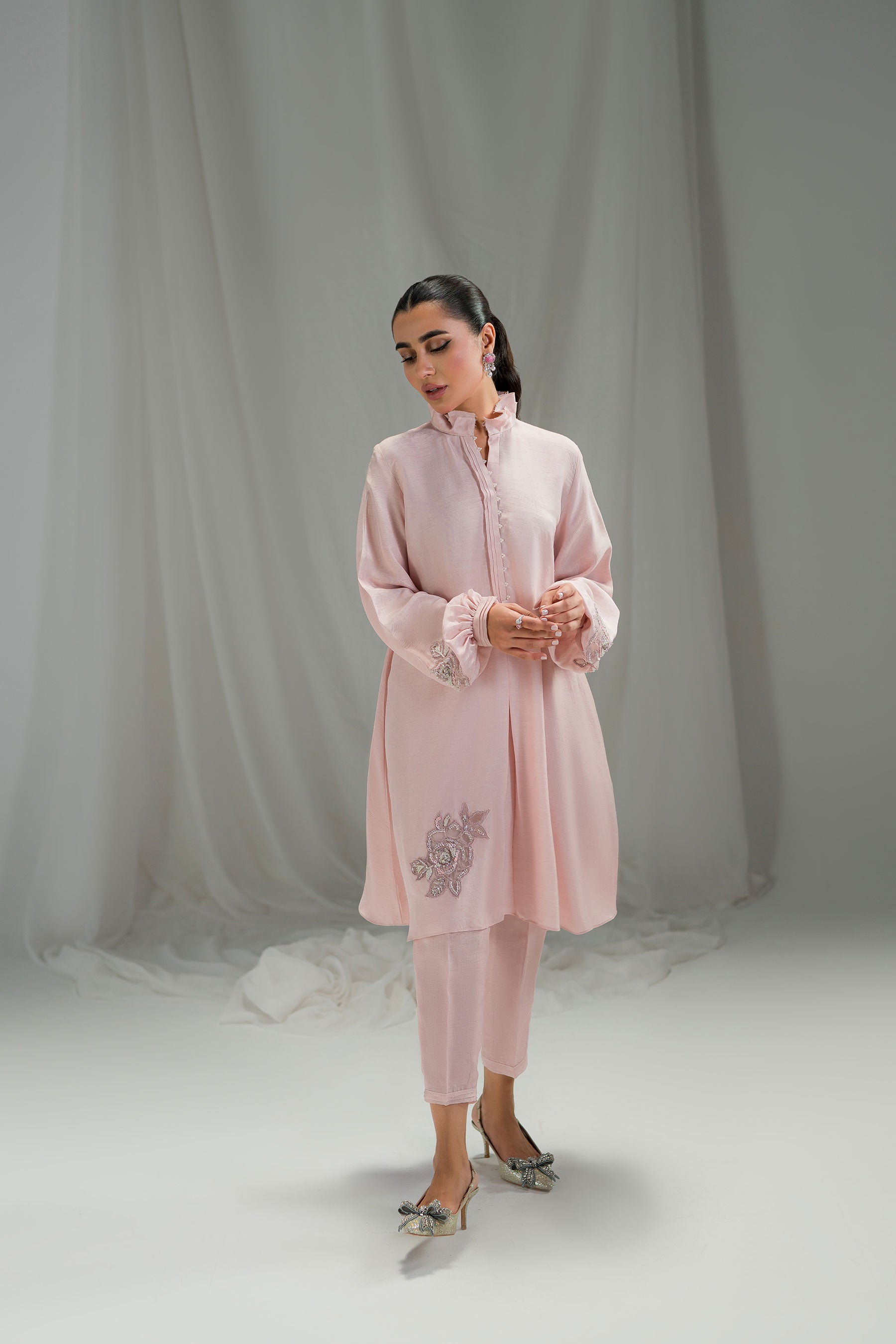 Pakistani Dusty Nude Pink Embellished Raw Silk Co-ord Set (2-Piece) - Image 1