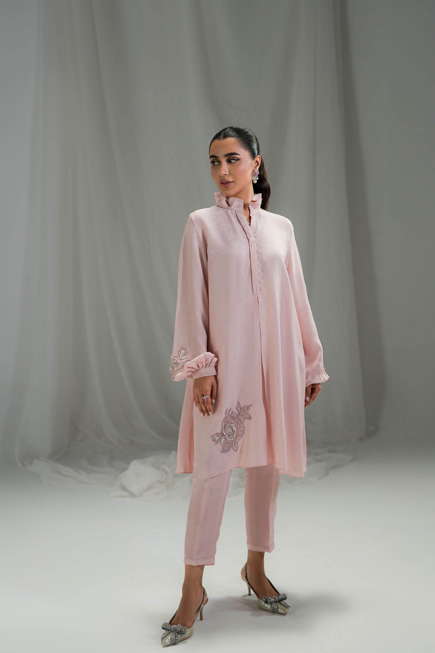 Pakistani Dusty Nude Pink Embellished Raw Silk Co-ord Set (2-Piece) - Image 2