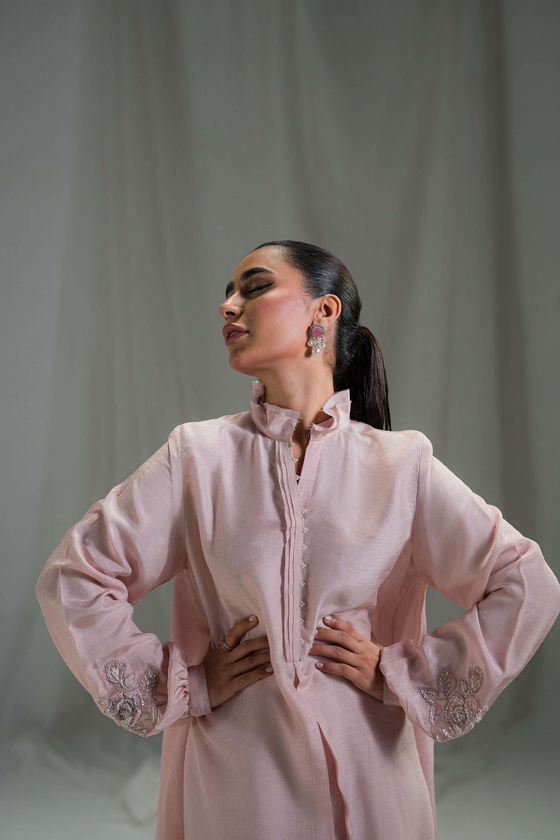 Pakistani Dusty Nude Pink Crystal Raw Silk Co-ord Set (2-Piece) - Image 5