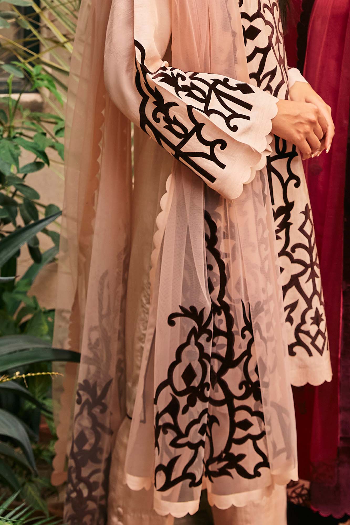 Porcelain Pink Velvet Appliqué Raw Silk Salwar Kameez (3-Piece) - Image 6